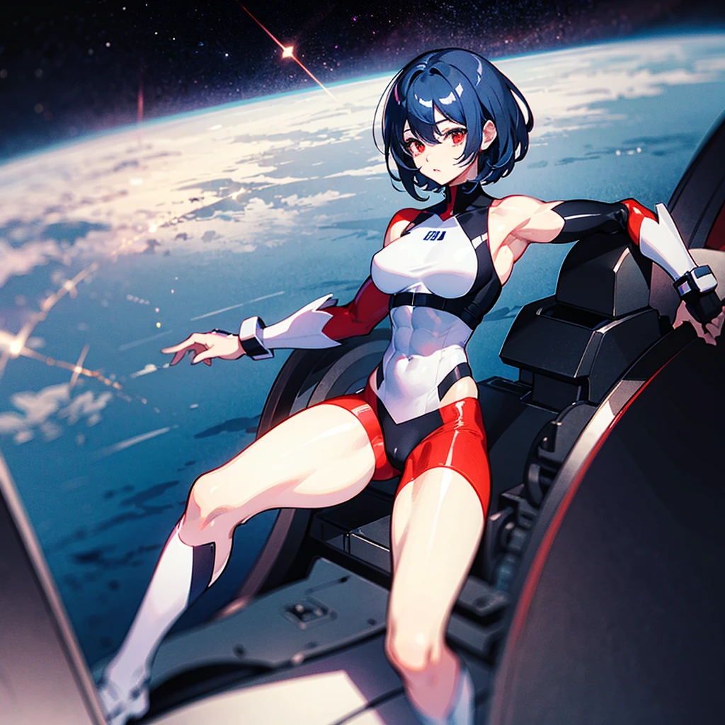 (((masterpiece)))、(((Top image quality)))、(((top-quality)))、((Illustration of one girl))、(((Muscle Girl)))、(((blue silver short hair)))、Red eyes、((Tall))、(((Muscular and strong body)))、((abdominals))、((muscular and thick arms))、((muscular and thick legs))、((manspreading))、opening legs、(((White pilot suit)))、((Inside the cockpit))、(The Universe on the Monitor、Earth seen from space、Spaceport)