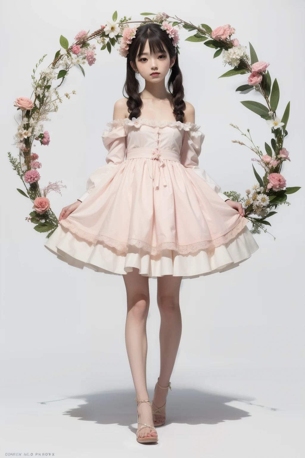 Anime character with short pigtails and a flower in her hair, X, trending on artstation pixiv, digital art on pixiv, Beautiful Full Body Concept Art, pixiv, , pixiv contest winner, trending on pixiv, pixiv style, at pixiv, Humanoid flora, by Shitao,  whitebackground, light pastel colors, colorful circles coral