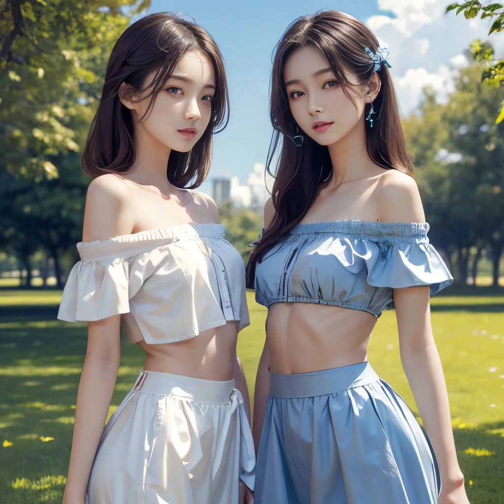 masterpiece、Two beautiful girls、A detailed eye、超A high resolution(reality:1.4)very extremely beautiful, Beautiful skins, A slender,skinny body、being thin、 Forward-facing body, (A hyper-realistic), (hight resolution), (8K), (ighly detailed), (ultra-detailliert), 详细的脸,、twinsies、A beautiful square with blue sky、torso、small size off shoulder