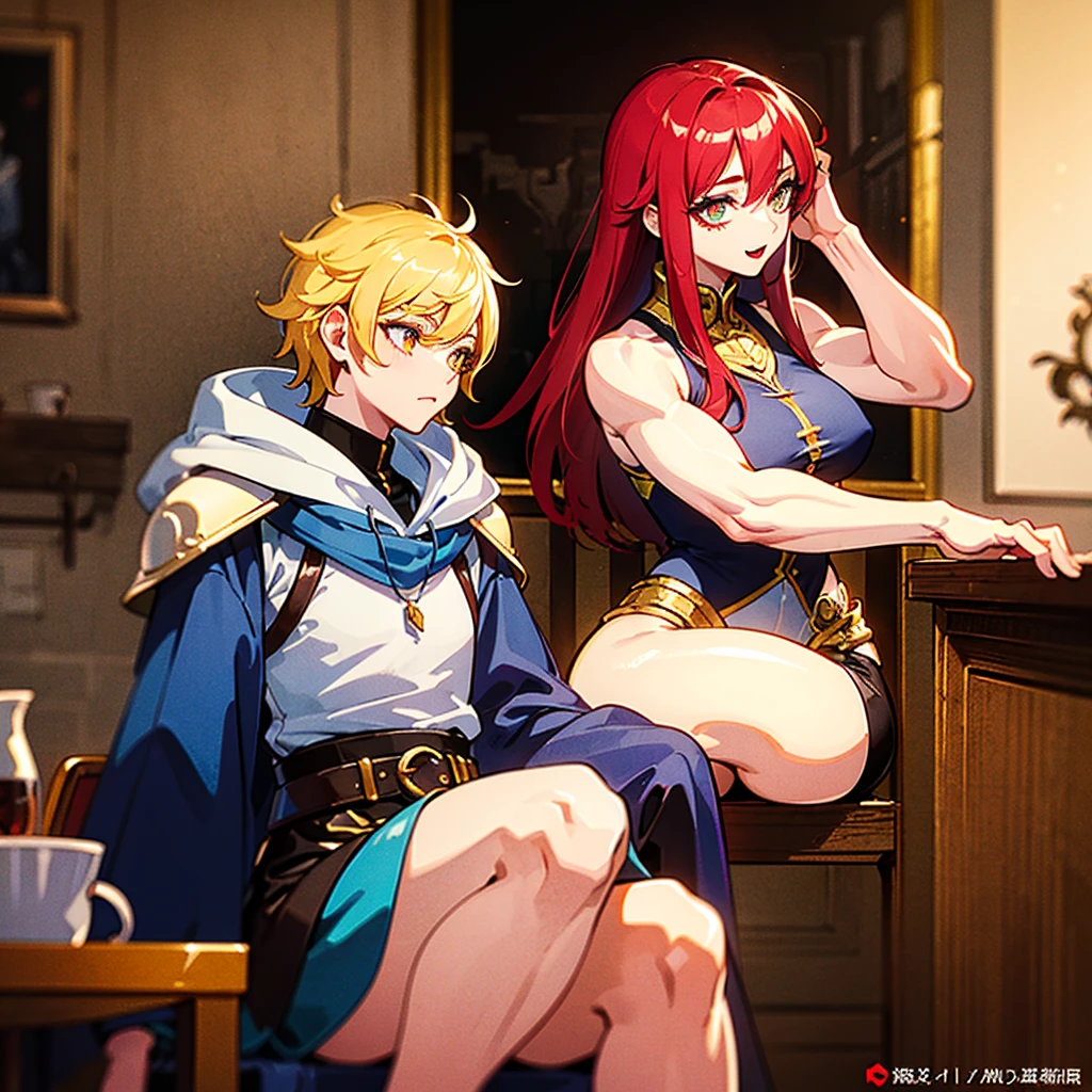 （（（​masterpiece）））、（（（Top image quality）））、（（（top-quality）））、（（（Illustration of one girl）））、（（（Muscle Girl）））、（（（neuter）））、a cool、（（Long hair with red hair））、Golden eyes、（（Tall））、（（（Muscular and strong body）））、（（（Muscular and strong body）））、（（Split abs））、（（（muscular and thick arms）））、（（muscular and thick thighs））、（（（manspreading）））、adventurer、（（（adventurer style clothes、Adventurer style equipment）））、Sitting on a chair、Medieval tavern