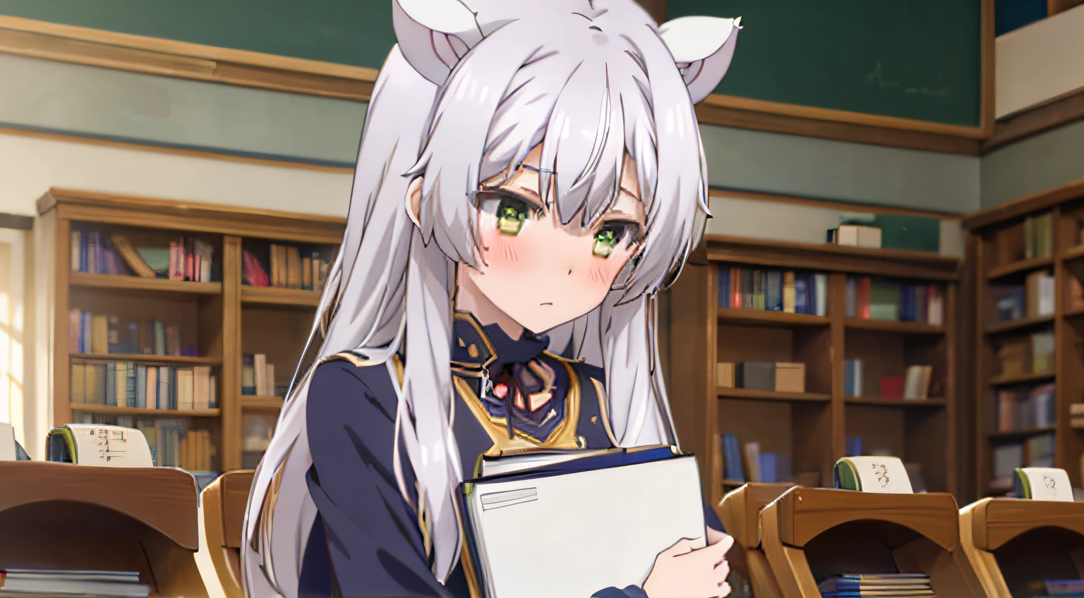 (super high resolution), 1girl, 1boy, silver hair, green eyes, cat ears school uniform, intensive blushes, flat chest, classroom, hugging a books,