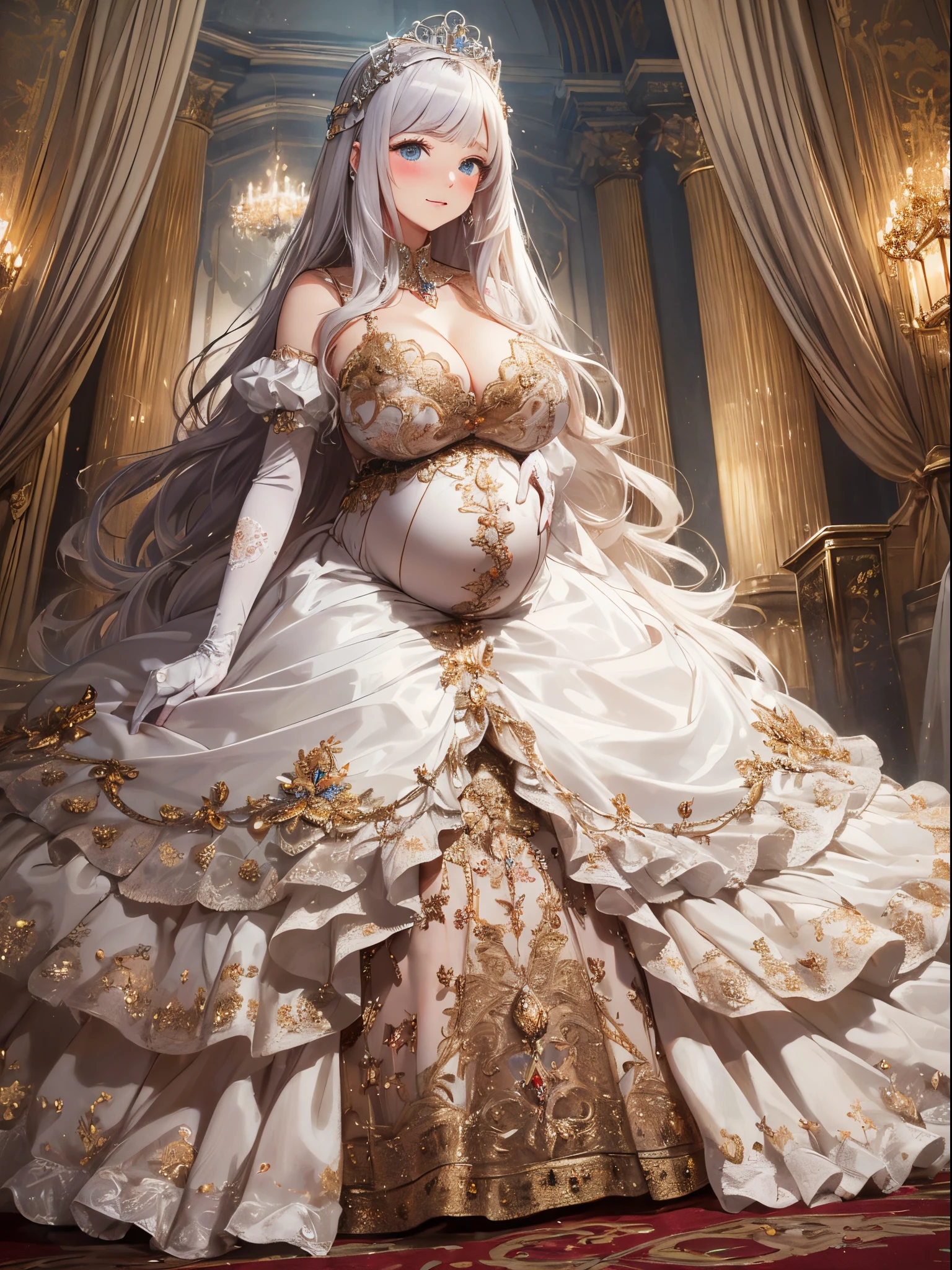 ultra-detailed, extremely detailed,((anime artstyle)),Masterpiece,(Best Quality),(Super Detail),(Very Delicate and Beautiful),((Solo)),((full body)),full body,((detailed face and eyes)),perfect eyes, rendered eyes,jewel-like beautiful eyes,((embarrassed,blush)),((1 pregnant princess in beautiful embroidery and jeweled gorgeous rococo ballgown with voluminous full length hoop skirt)),(((heavily pregnant))),((Crinoline,luxurious ruffles)),beautiful embroidery and jeweled gorgeous rococo ballgown with voluminous full length hoop skirt,(large amount of straight hair,extremely voluminous Very Long straight Hair,Absolutely Long Straight Hair),(((very gigantic boobs))),skindentation,Bursting breasts,cleavage,(fantasy castle,luxury palace),long_gloves,extremely gorgeousfull jeweled hair ornament,(bling-bling extremely gorgeousfull jeweled tiara),(luxurious jewelry),full body,beautiful embroidery and jeweled gorgeous rococo princess ballgown with voluminous full length hoop skirt