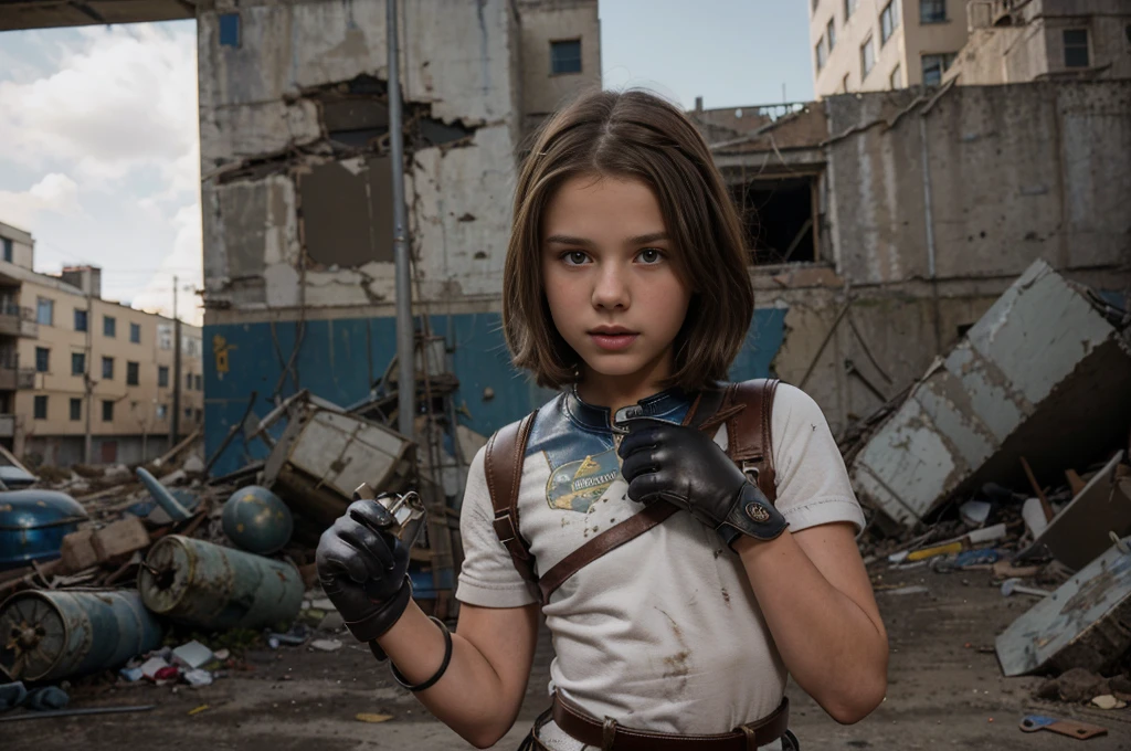 two 12 year old girl wearing (vaultsuit with pipboy3000 on wrist) standing in a ruined city, holding a large fallout weapon, giant slater fallout insect in background, professionally color graded, professional photography, well drawn, masterpiece, hyper realistic, ultra detailed, high quality, best quality, 4k, 8k, raw, detailed and realistic eyes, petite, ************, tweens, cuoli)) ((wearing long leather gloves))