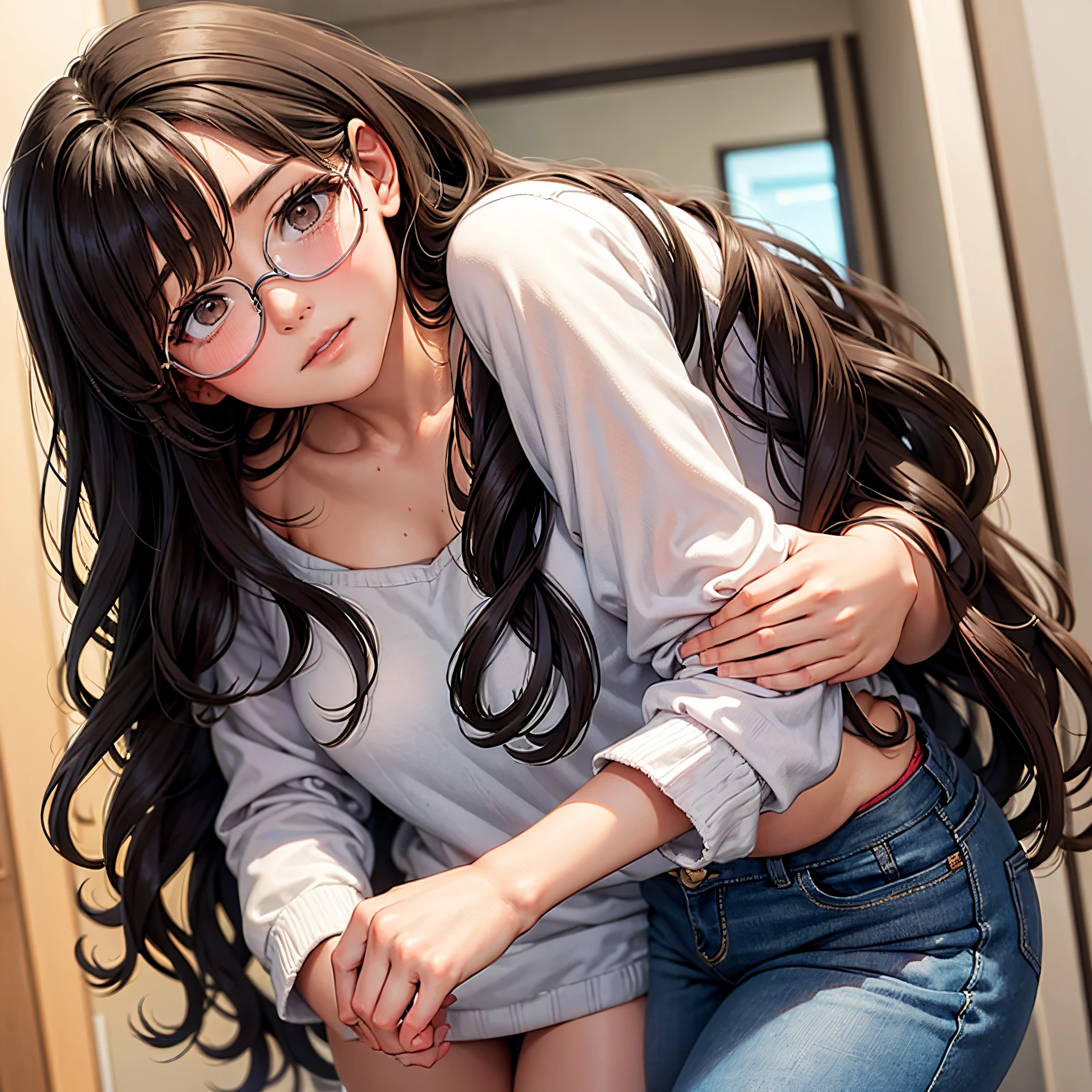 Couple kissing. Chubby girl with long curly brown hair hazel eyes and glasses. Tall skinny guy with black hair no glasses.