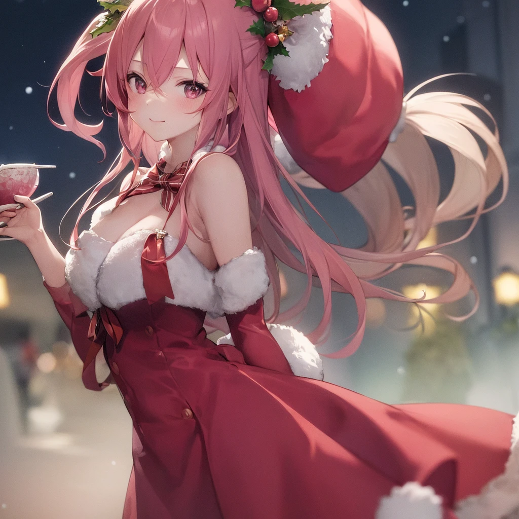 Girl having a Christmas party, pink hair, long hair, chest, Christmas, Christmas party, stylish, cute, beautiful, romantic, fantasy,