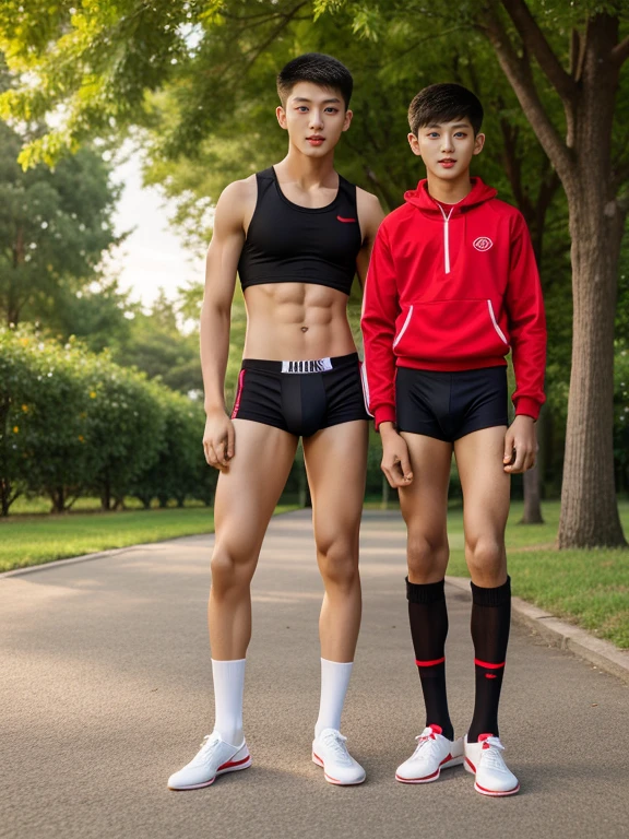  teenagers , very young , light-skin , wearing an dark red sexy underwear, tmasterpiece，k hd，the feet，Transparent sports vest，semi transparent，black long socks，The barefoot , red colour , handsome and cute , extreme cute boy , white skin , dark red underwear boxers shorts , extremely tall and cute boy ,oppa model , handsome model , full body , dark red boxers underwears short shorts , black socks , white light-skin , Chinese model , young boy , white skin , handsome and extremely cute , red boxers underwear shorts , long black socks , handsome model , at the park , jogging , model oppa , long legs , jogging , running , high knee black socks ,black  long socks , stand up , extremely tall , extremely high , red underwears , red sports underwear , long black socks , clean and white legs , Chinese model , extremely long legs , looking at the camera , clean and white thigh , huge bulge , kid face , b , wearing red underwears boxers , light and white skin , red undies , two different height boy , height gap , out grown , towering boy and shorty boy , growth spurt , towering boy , very very very tall boy beside very very very short boy