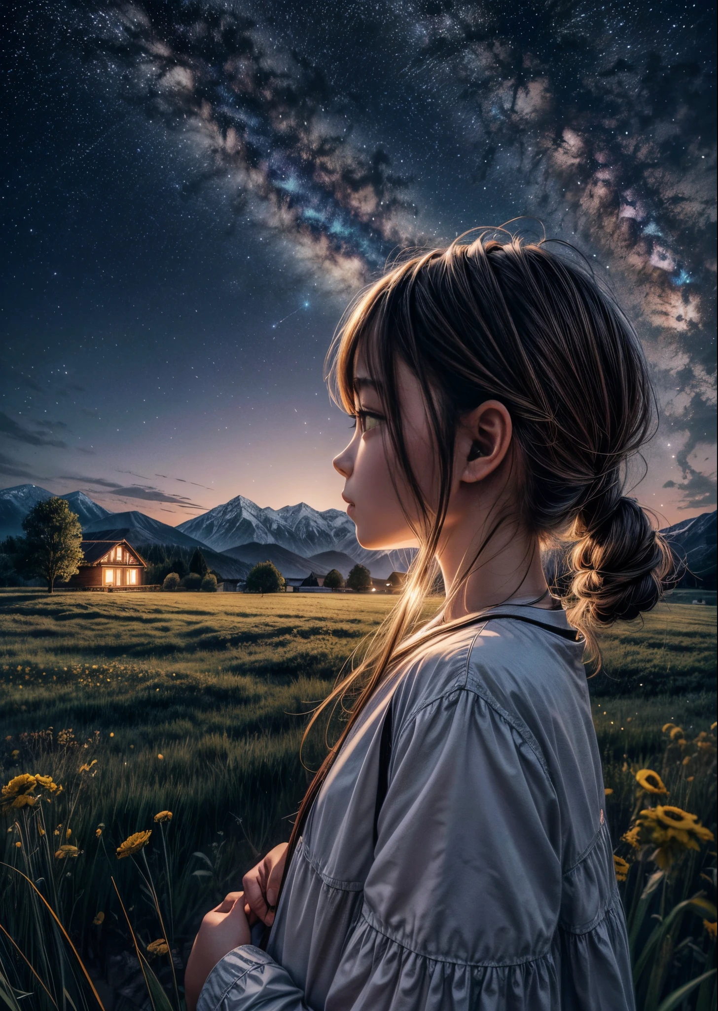 There is a girl and a boy looking up at the night sky in a meadow.、You can see a small bonfire next to the child.、There is a farmhouse a little far away, and you can see the light from its window.、A small moon rises between the distant mountains.、Many stars are shining in the night sky、Perfect litthing、foco nítido、high-detail、high-level image quality、High color rendering、hight resolution、A hyper-realistic、photographrealistic
