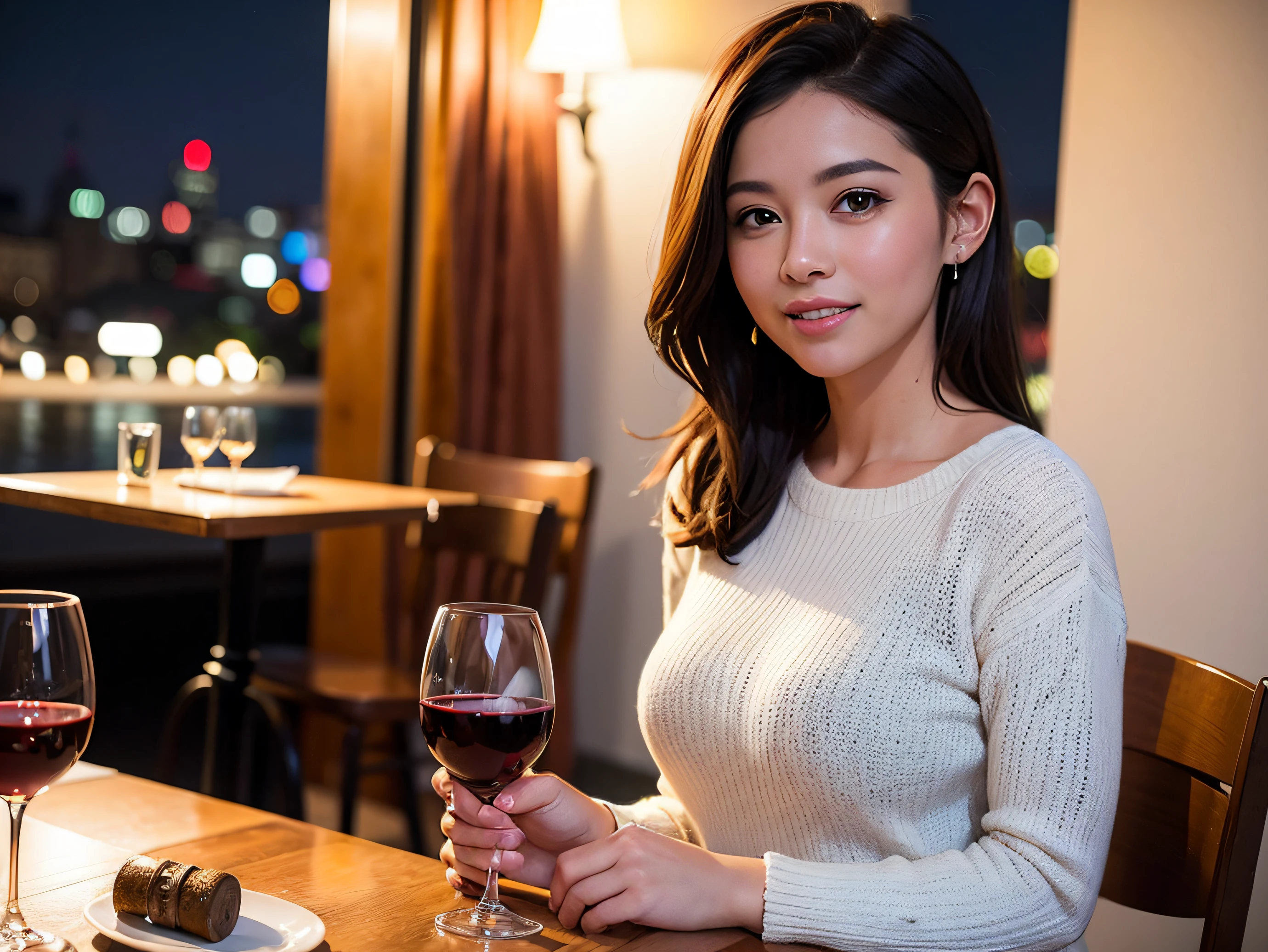 (64k uhd、nffsw、top-quality、masterpiece:1.2)、(realisitic、Photorealsitic:1.37)、ultra-detailliert、wine glasses、enjoying a glass of wine、a matural female、Two pretty women、(Slim Faces)、(Slim body)、(brawn hair)、(short-cut)、smiling french woman、happy italian girl、British woman、Americana、blush a little on the cheeks、(46 years old)、48yo、red wine、A beautiful and detailed night view spreads out outside the window..、resturant、Wine glasses in a prominent place、natta、(from waist up)、sitting on、date、(A smile:1.15)、Beautiful detailed eyes、Cashmere sweater、long-sleeved dresses、japanes、(short-hair:1.2)、Float NovaFrogStyle、、modeled、from waist up、white wine、Slimed、wine glasses、Super beautiful night view、Put the wine glass in the middle、Happy smile、(8K、Raw photography、top-quality、masterpiece:1.2)、(realisitic、Photorealsitic:1.37)、ultra-detailliert、超A high resolution、2 females、see the beholder、beautifull detailed face、A smile、Constriction、(Slim waist) :1.3)、knit shirt、Beautiful detailed skin、Skin Texture、floated hair、professional light needle breast、eyes gentle
