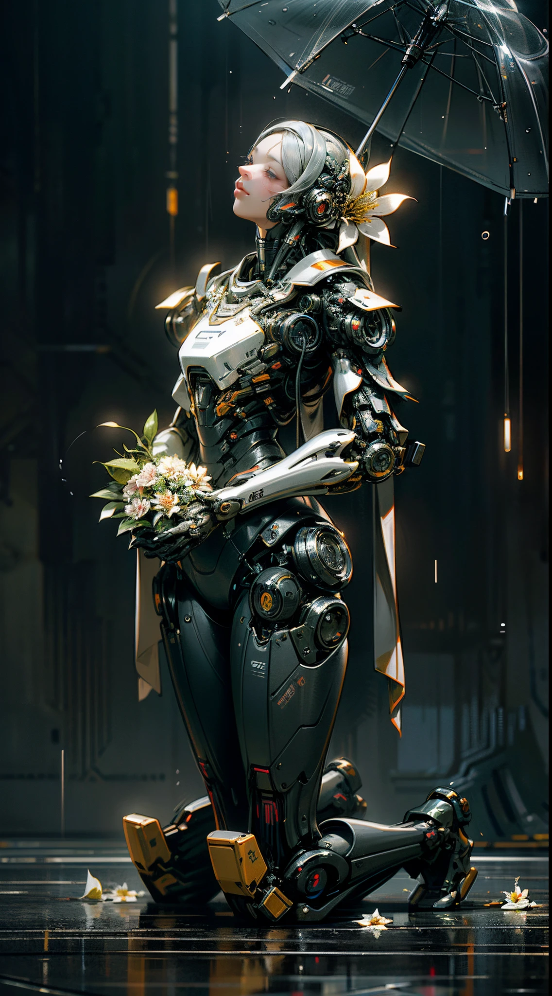 Fed robot kneels in the rain，Holding a flower in hand, Nice robot girl with flowers, many mechanical flowers, unreal engine rendered + welcoming, Unreal Engine 4K wallpapers, meditation robot, Humanoid creature covered with flowers, 4K digital rendering, Stunning details in Unreal Engine 6, 4k rendering, 4k rendering, anthem game inspiration