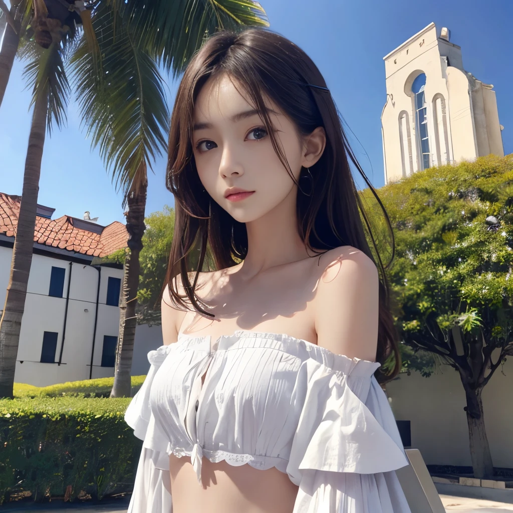 masterpiece、Two beautiful girls、A detailed eye、超A high resolution(reality:1.4)very extremely beautiful, Beautiful skins, A slender,skinny body、being thin、 Forward-facing body, (A hyper-realistic), (hight resolution), (8K), (ighly detailed), (ultra-detailliert), 详细的脸,、twinsies、A beautiful square with blue sky、torso、small size off shoulder