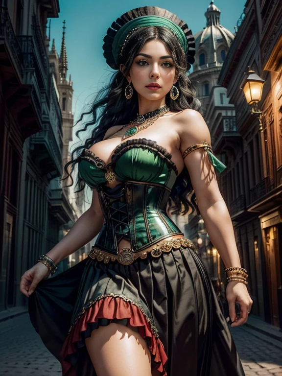 A beautiful woman, with a charming, slightly rounded face, with ((light green eyes)), ((posture and beauty of a Persian queen)), ((woman full of charm and seduction)), with long black curly hair, with a sensual mouth , cheerful and vibrant woman, sexy and beautiful, emerald amulet around her neck, ((wearing a black corset)), ((with jewelry and bracelet on her arms)), ((red circle skirt of a gypsy dancer in Victorian era style)), in the background Seville Cathedral in Spain, wallpaper 4k, 32k Ultra, Ultra Hd,
cinematic lighting, movie poster, Top Quality、超High Resolution A