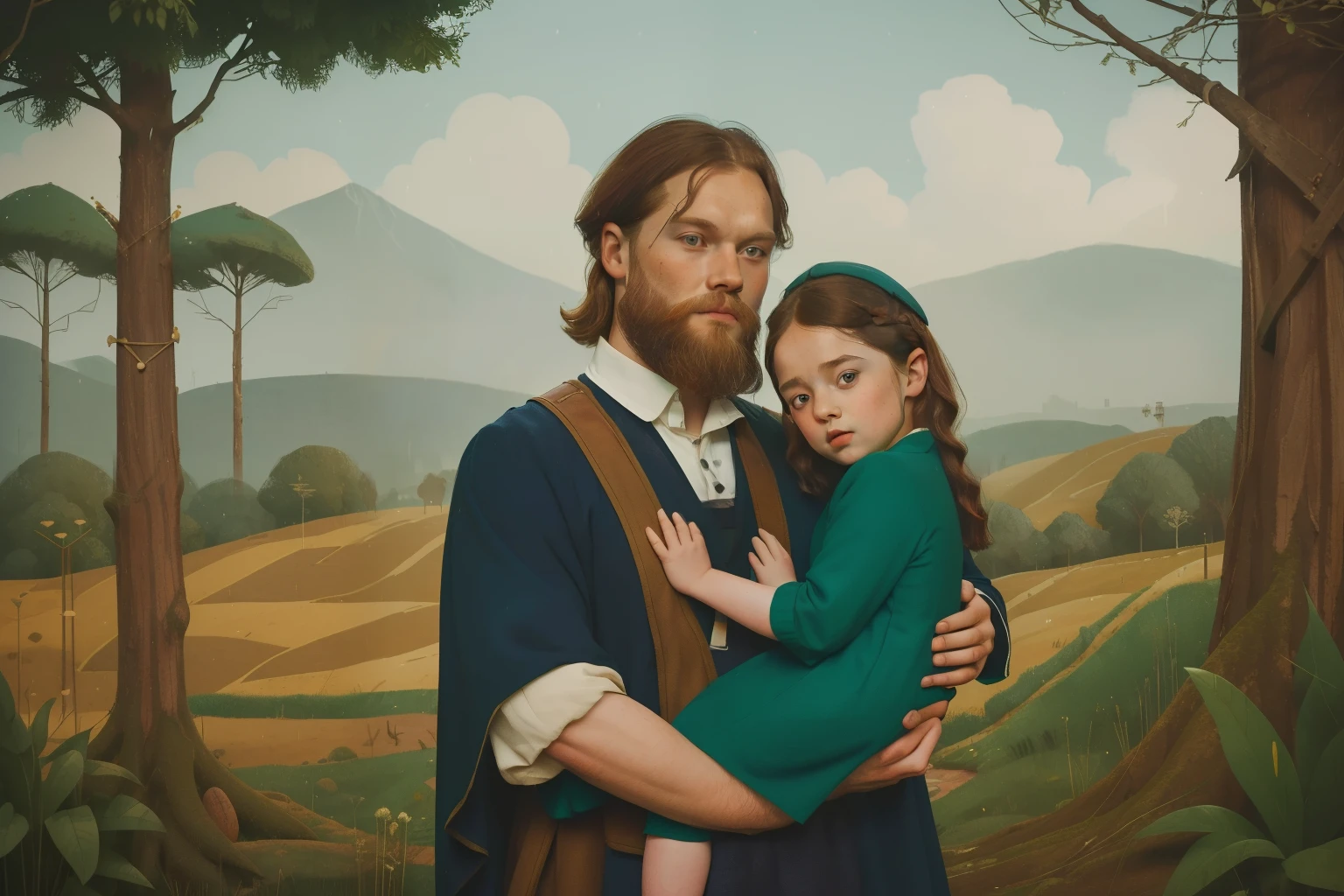 1135, England. otherworldly scene with a forest outside a construction site, ((((39-year-old)) bearded Sam Heughan)), hugging a (((7-year-old daughter))), look of relief, ((((poor tunic from the 12th century)))), ((Hairstyle of the 12th century)), ((Wes Anderson cinematic style)), colorful