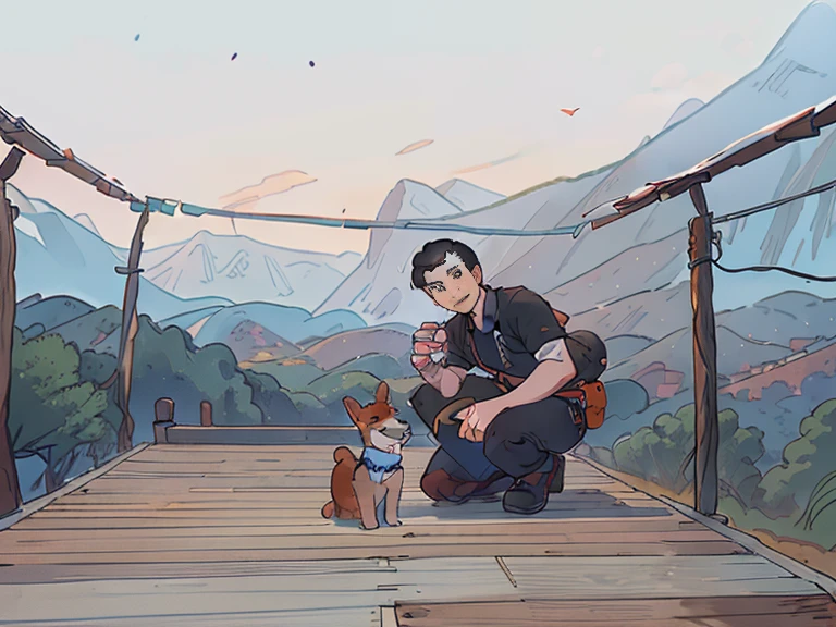 There a man and a dog kneeling on a wooden deck, The photo shows a large, yiqiang and shurakrgt, With mountains as a backdrop, with his hyperactive little dog, Shot with Sony alpha 9, Shot with Sony A7R camera, With mountains as a backdrop, Lab in the background, At the summit