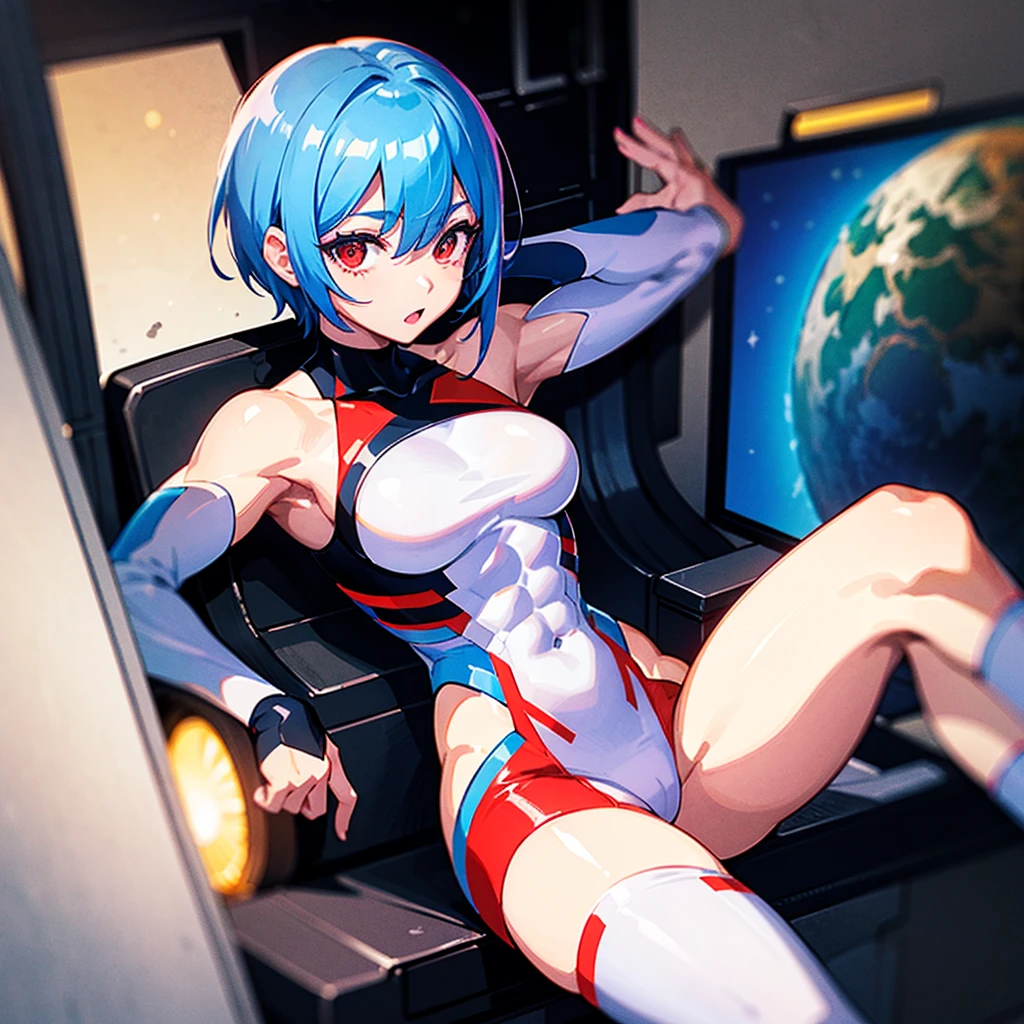 （（（​masterpiece）））、（（（Top image quality）））、（（（top-quality）））、（（Illustration of one girl））、（（（Muscle Girl）））、（（（blue silver short hair）））、Red eyes、（（Tall））、（（（Muscular and strong body）））、abdominals、（（muscular and thick arms））、（（muscular and thick legs））、（（manspreading））、opening legs、（（（White pilot suit）））、（（Inside the cockpit））、（The Universe on the Monitor、Earth seen from space、Spaceport）