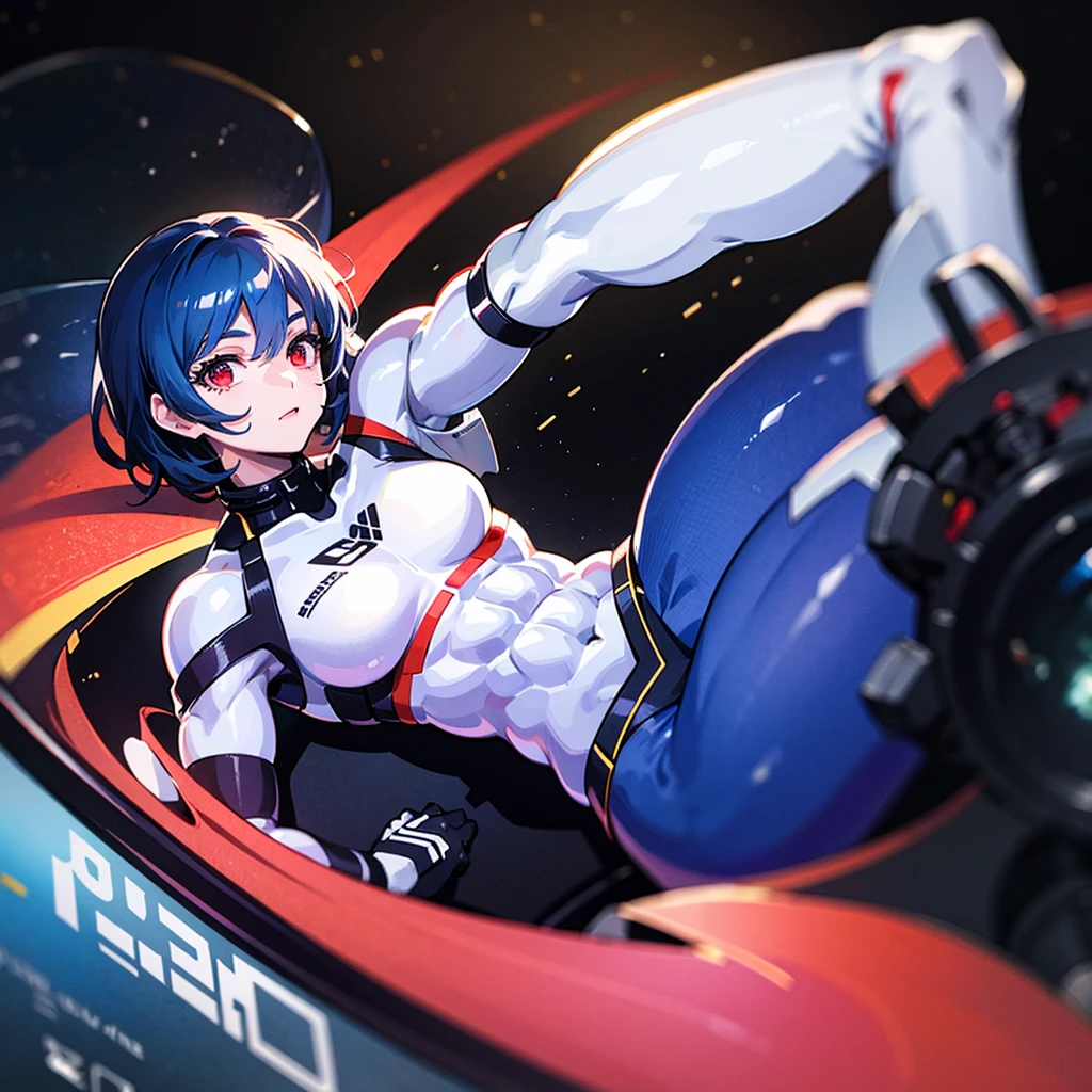 (((masterpiece)))、(((Top image quality)))、(((top-quality)))、((Illustration of one girl))、(((Muscle Girl)))、(((blue silver short hair)))、Red eyes、((Tall))、(((Muscular and strong body)))、abdominals、((muscular and thick arms))、((muscular and thick legs))、((manspreading))、opening legs、(((White pilot suit)))、((Inside the cockpit))、(The Universe on the Monitor、Earth seen from space、Spaceport)