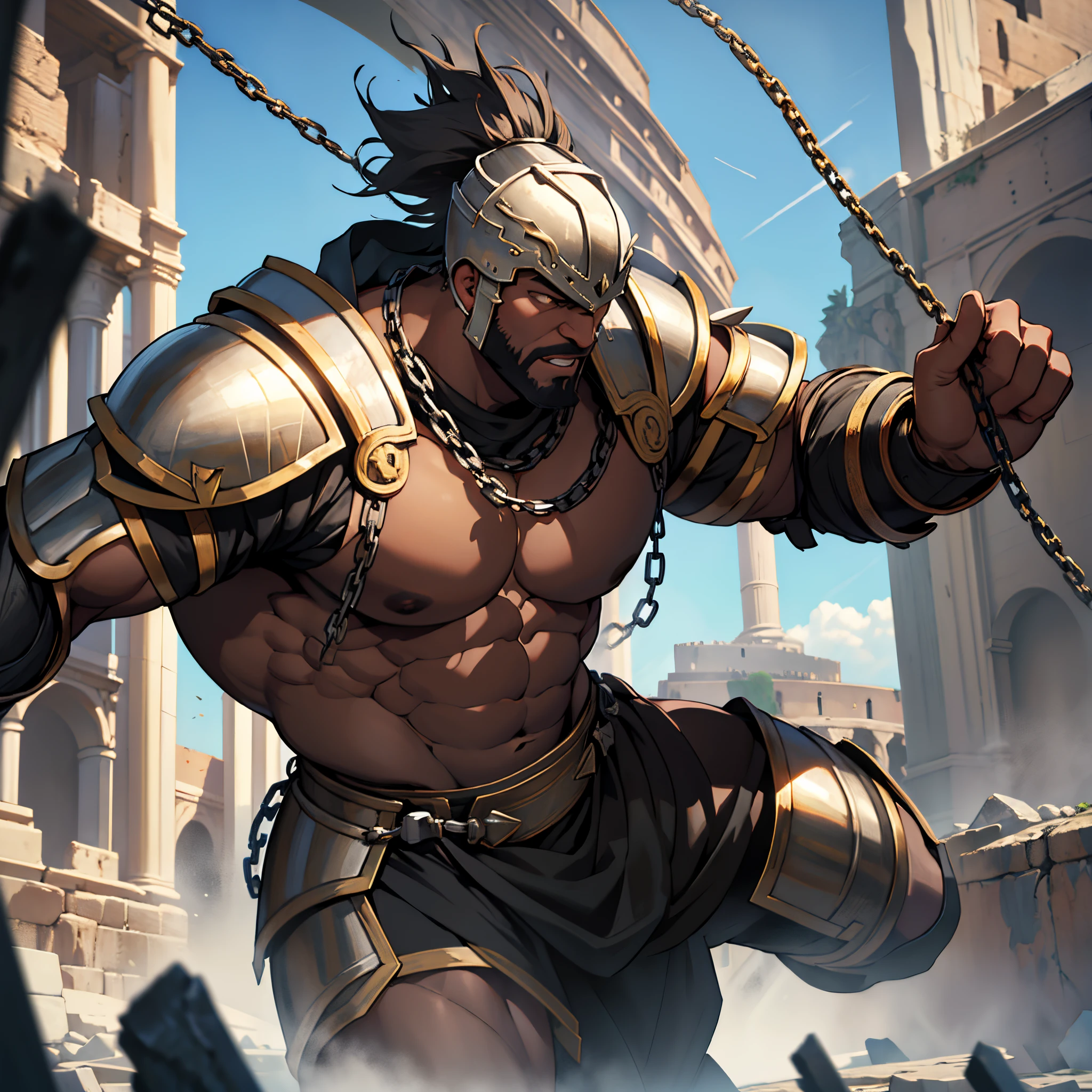 masterpiece, Best Quality, 4k, slave warrior in armor, huge black man, I was very angry., bound in huge chains, Background with:Colosseum without people