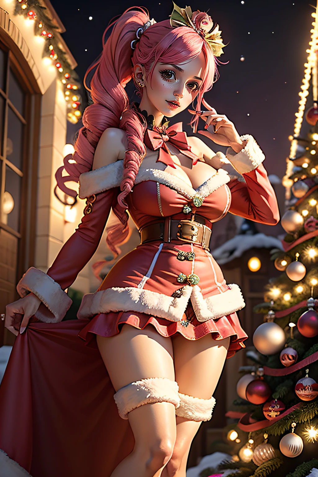 Perona, a Young woman wearing Christmas outfit, 1female, seductive, detailed face, detailed , background Christmas, full body shot