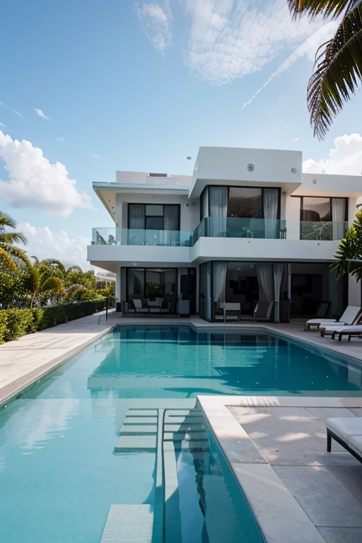 hyperrealistic, f8 aperture, modern miami mansion, pool, ocean views