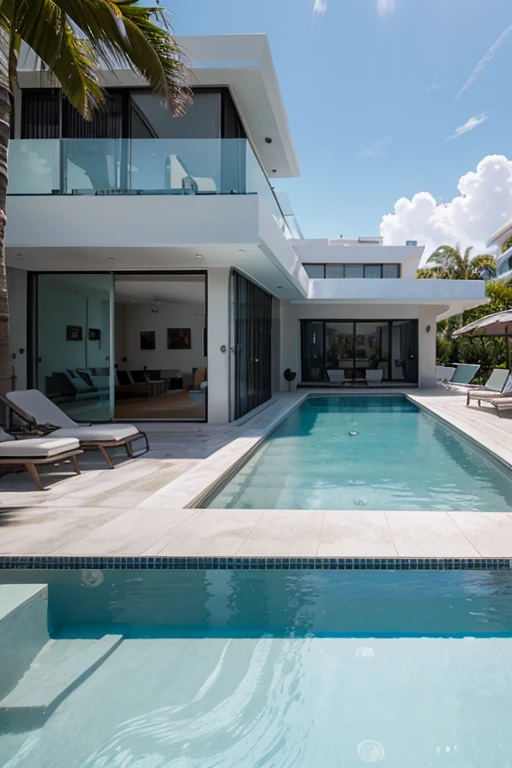 hyperrealistic, f8 aperture, modern miami mansion, pool, ocean views