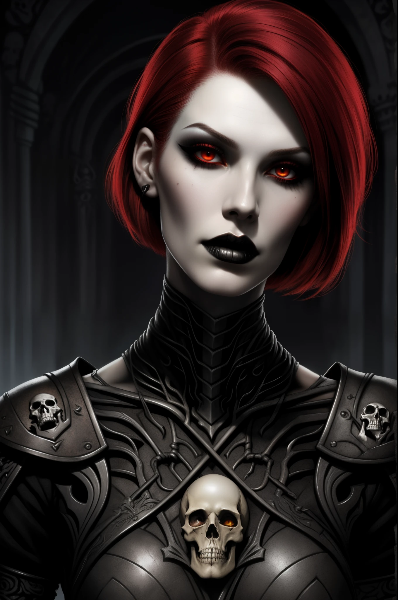 Fantasy Female Necromancer with pale skin and short red hair  , clyde caldwell, dark mascara, heavy makeup, skulls