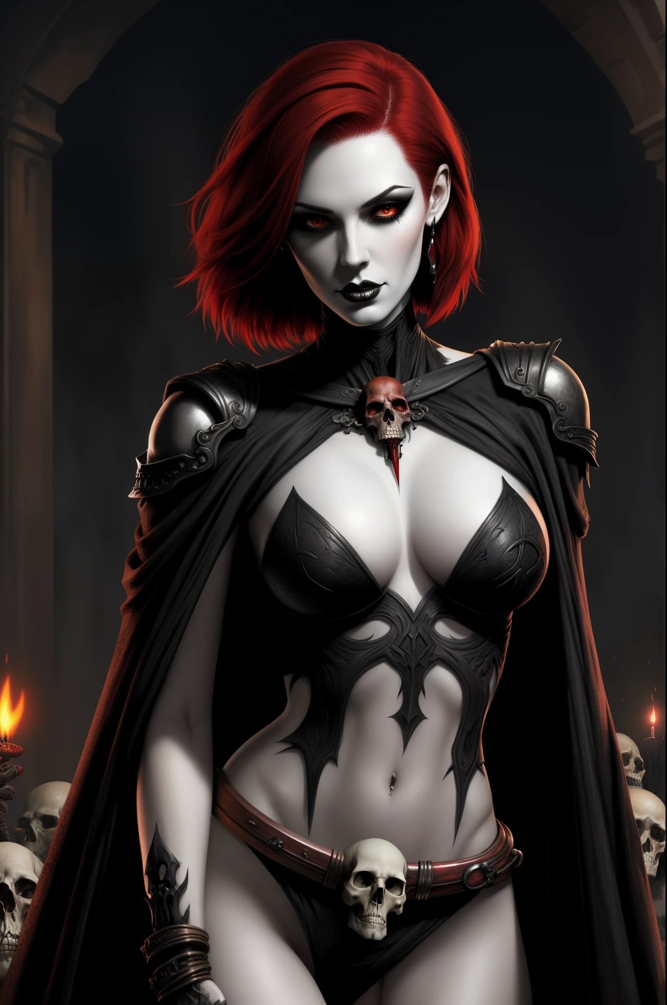 Fantasy Female Necromancer with pale skin and short red hair , clyde caldwell, dark mascara, heavy makeup, skulls