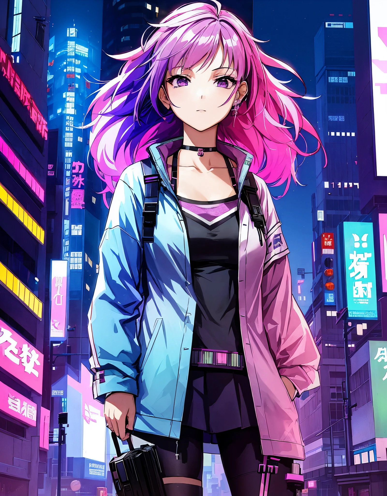 anime girl with purple hair and a white shirt in a city, cyberpunk anime girl, anime cyberpunk art, modern cyberpunk anime, digital cyberpunk anime art, cyberpunk anime art, anime cyberpunk, digital cyberpunk - anime art, female cyberpunk anime girl, cyberpunk anime girl in hoodie, in cyberpunk city, in cyberpunk style, anime style 4 k, cyberpunk anime girl mech