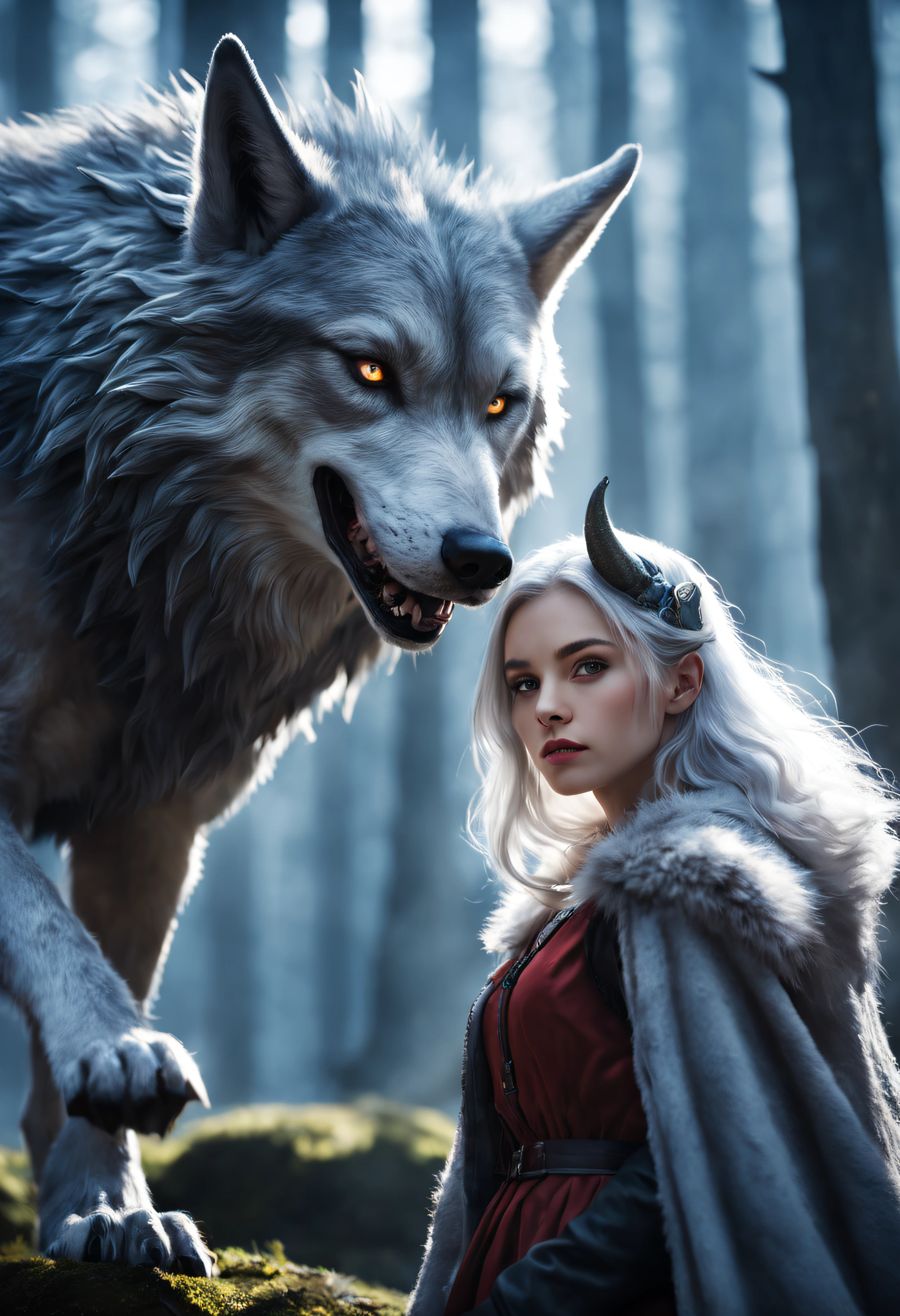 Beautiful 8K Ultra HD professional photos, Focus sharp, In a stunning fantasy world, Cute silver-haired girl，A giant wolf with evil horns and a mysterious figure, beaming, In bright natural light