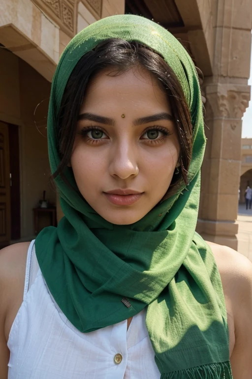 jordanian woman, 26 years old, very beautiful, wearing common indian clothes, beautiful green eyes, wear a colorfull hijab, stunning masterpiece,