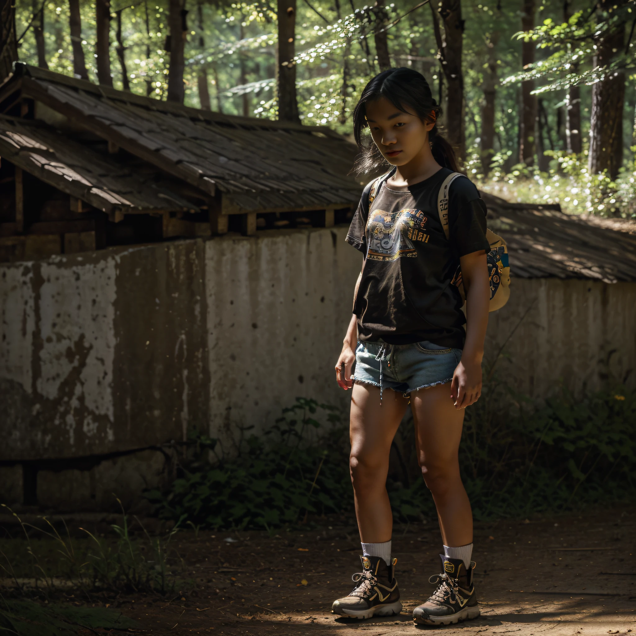(best quality, masterpiece:1.2), detailed, perfect face, young girl, standing alone, short stature, Asian, hand crossed on chest, backpack, traveling shorts, T-shirt, sport boots, nature