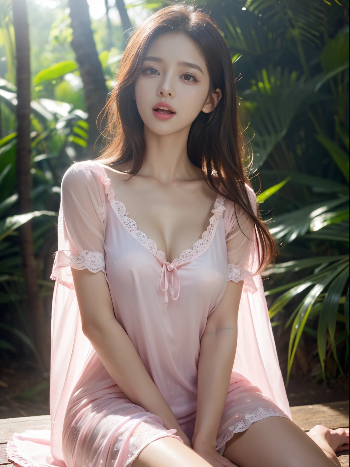 ((((top-quality))))、(((Ultra Precision CG16K Wallpapers)))、(((masterpiece)))、(((ultra-detailliert)))、(((Ultra-extreme details)))、1Man Woman、Underage females、18yo woman、((Korean Face))、((extremely beautiful face))、((K-pop idol、HAERIN:1.5))、((Straight semi-long hair:1.3))、(shinny hair)、Bangs up to the eyebrows、Beautiful brown hair、Beautiful delicate eyes、Brown eyes、raised eyebrows、lofty nose、small nostrils、Small mouth、seductive lips、slightly open mouth、Beautiful breasts、C-cup size breasts、cleavage of the breast、Plump body、perfectly proportions、perfect anatomia、perfect-composition、beautiful detailed shading、Beautiful natural lighting、Beautiful detail glow、depth of fields、(((a high chroma)))、(((realisitic:1.9)))、((Vivid:1.4))、((Beautiful skin))、((Skin texture))、((Realistic skin feeling))、(((Head-to-thigh shot:1.5)))、((Angle seen from the front:1.5))、((Enchanted face with open mouth:1.5))、((pleasant sensation、Trance:1.8))、(Eyes looking at me)、Bright sunshine、(((in woods:1.3)))、(Blur the background)、(((Pink see-through nightgown:1.6)))、