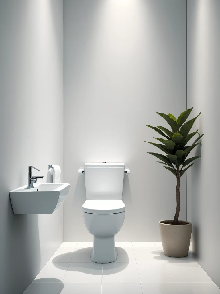 There a white toilet in the bathroom,There a plant in the corner, detailled image, The lines are clear and smooth, elegant harmony, elegant design, Smooth curvature design, ellegance, artistic pose, SleekDesign, quiet scene, White porcelain skin, Rich details, Toilets, siting on a toilet, gaming toilet, bright white porcelain