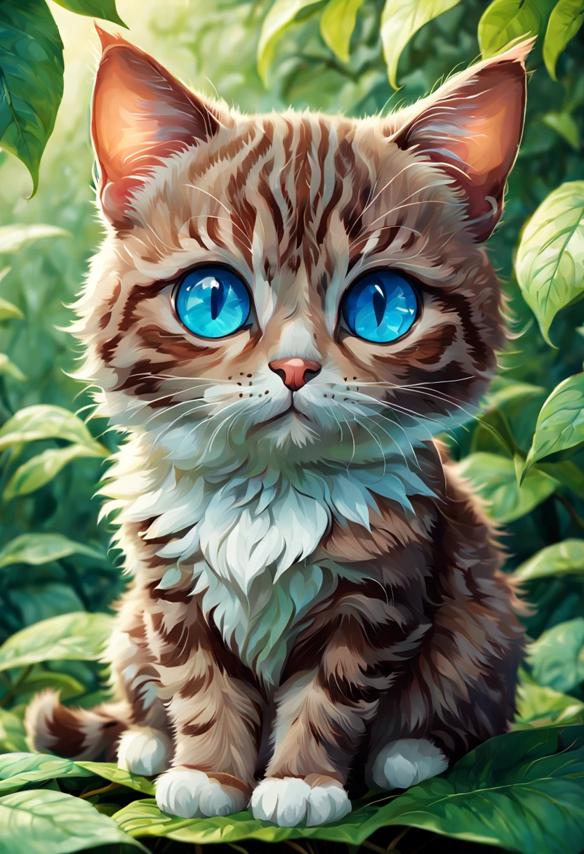 A blue-eyed tabby cat sits on a leaf, cute detailed digital art, Adorable Digital Painting, Cute digital art, cute detailed artwork, 4K highly detailed digital art, detailed fantasy digital art, beautiful digital works of art, realistic fantasy illustration, furry fantasy art, 4k detailed digital art, Beeple and Jeremiah Ketner, detailed painting 4 k, detailed fan art