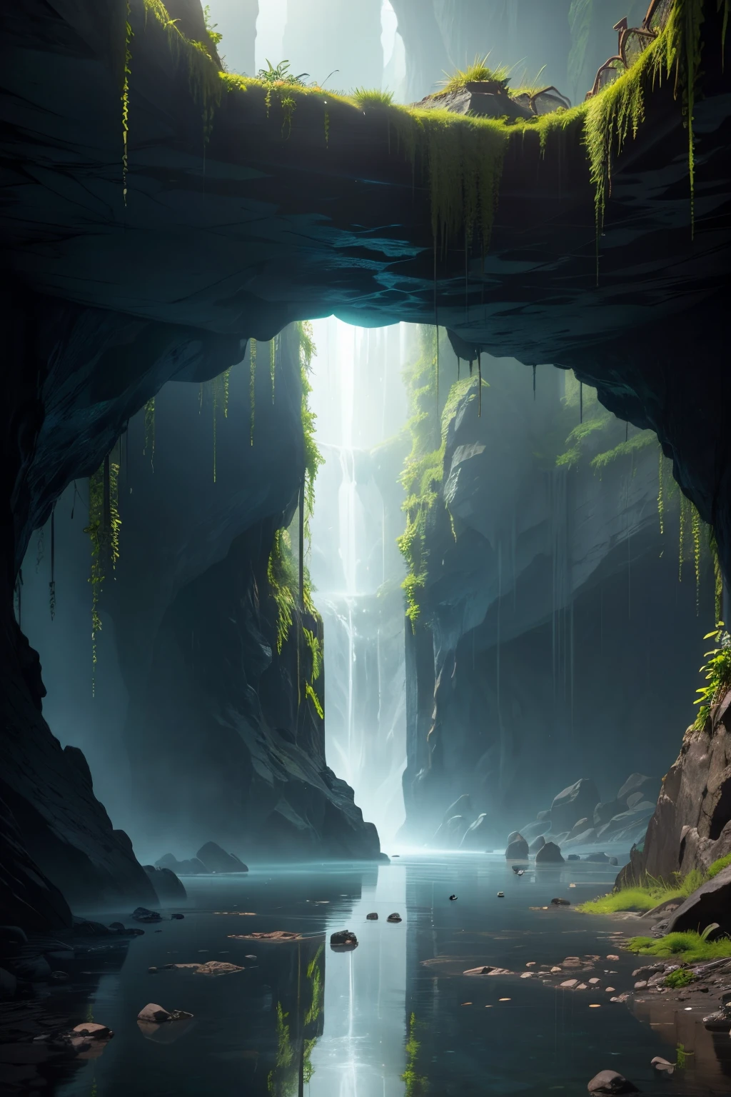 Underground cave,large room,opening leading to water pool,sign saying turn back,glowing water (best quality,highres:1.2),ultra-detailed,realistic:1.37, HDR,UHD,studio lighting,sharp focus,physically-based rendering,extreme detail description,professional, vivid colors,bokeh,landscape,moody atmosphere,dark tones,subtle light effects,mysterious shadows,rock formations,water reflection,ancient architecture,creeping vines,emerald green color, damp and humid environment.