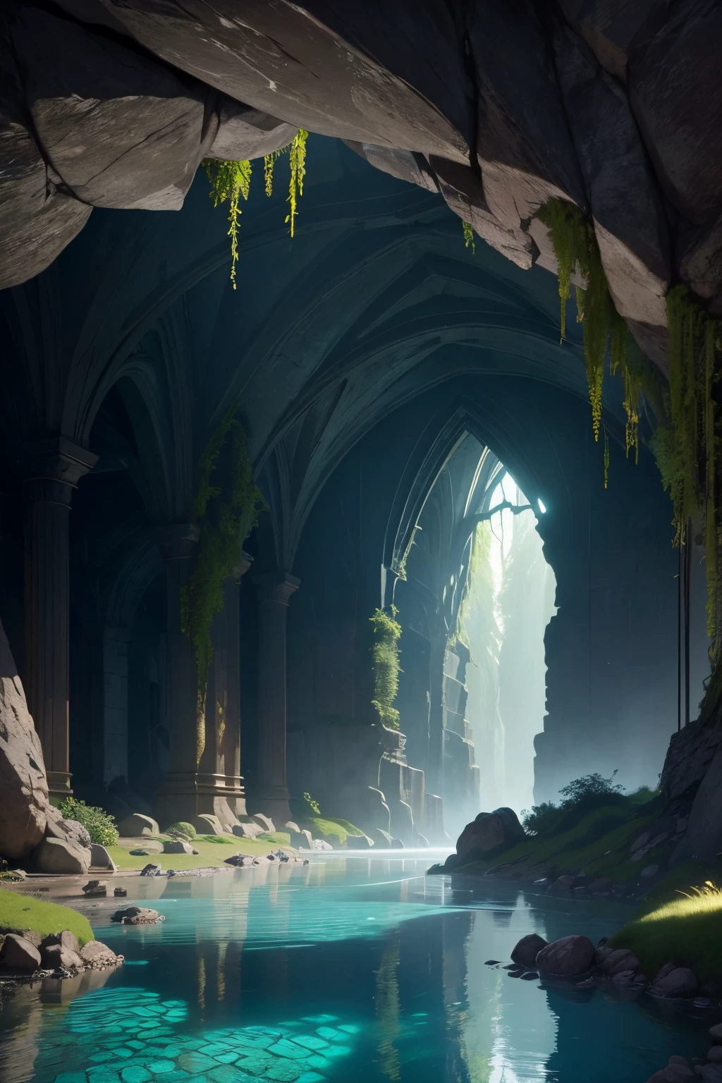 Underground cave,large room,opening leading to water pool,sign saying turn back,glowing water (best quality,highres:1.2),ultra-detailed,realistic:1.37, HDR,UHD,studio lighting,sharp focus,physically-based rendering,extreme detail description,professional, vivid colors,bokeh,landscape,moody atmosphere,dark tones,subtle light effects,mysterious shadows,rock formations,water reflection,ancient architecture,creeping vines,emerald green color, damp and humid environment.