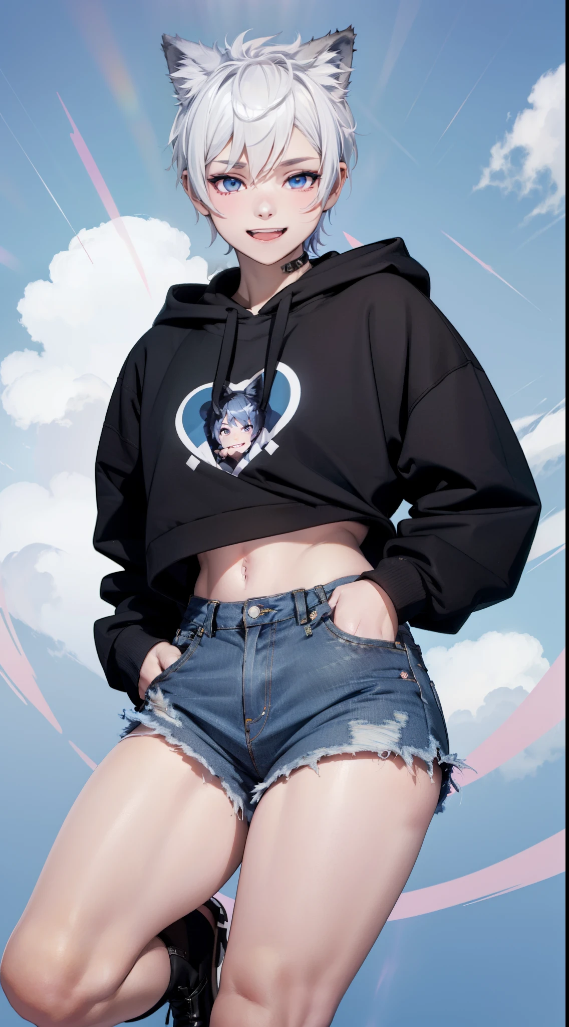 Masterpiece, wide smile, feminine boy with short (white hair), punk hair style, half shaved hair style, (horny face expression), has wolf ears, had wolf tail, (), wearing denim shorts and a cropped black hoodie, thick thighs, wide hips, wearing thigh high socks, solo, alone, no wolves, showing belly, has glowing blue eyes, flat chest