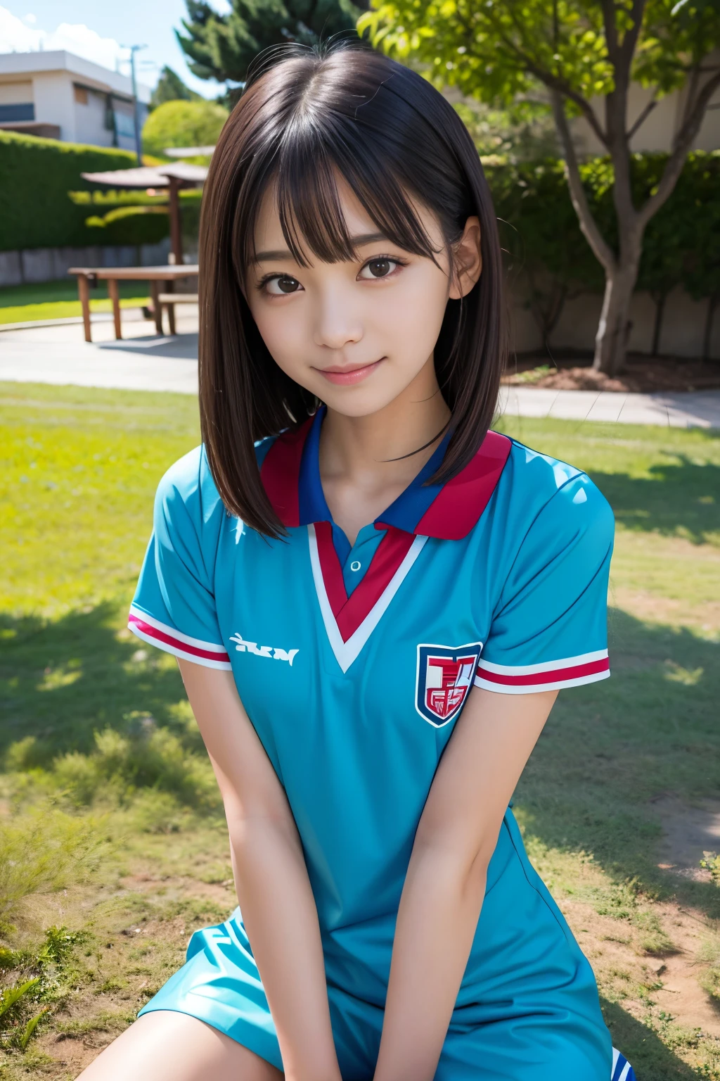 ((Best Quality, ​master piece, Ultra High Resolution, (Photorealistic:1.4), Raw photo)),  full body Esbian, 1girl in, famous idol with Japan, 17 age,　volleyball uniform、 Looking at Viewer, Very cute face,  eyes gentle、Very beautiful black hair, Long bob hair、Detailed face, Detailed eyes, detailed hairs, A girl with a neat and pure image,　A smile、