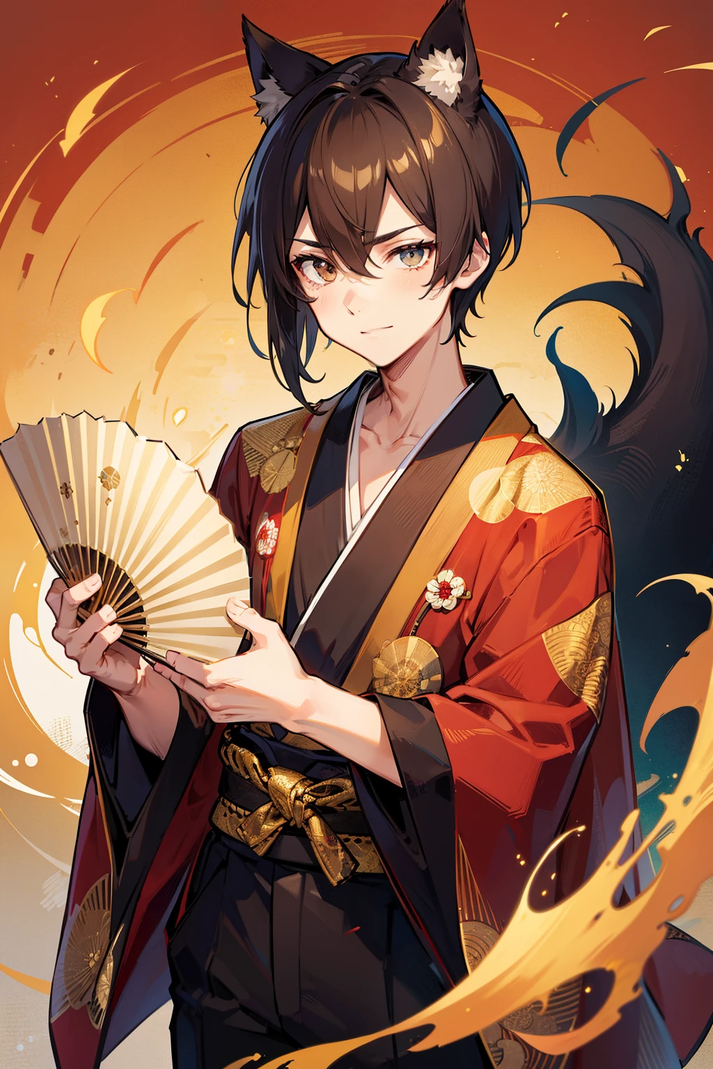 (high-quality, breathtaking),(expressive eyes, perfect face), 1boy, male, solo, young adult, black hair , gold coloured eyes, gentle smile, short length hair, loose hair, hair between eyes, japanese clothing, red shirt with a gold and black trim, black pants, brown belt, black fox ears on top of his head, patterns on kimono, masculine face, hair covers ears, kimono, carrying a paper fan in hand