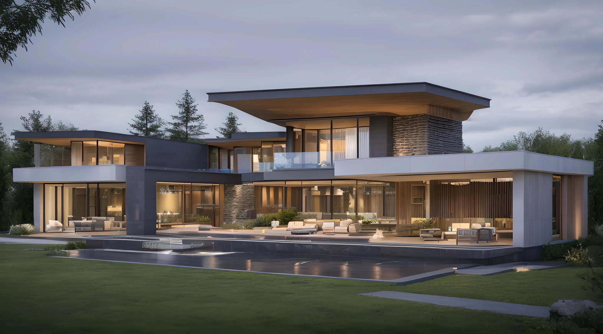 modern house, large yard, beautiful view, surrounding trees, one-story house, flat roof, large windows, wood materials, concrete and glass, glass railings, surrounded by trees, lawn , large sliding glass doors, large outdoor fireplace
sunset light, neutral colored lights, beautiful, cloudy sky, swimming pool in front of the house, landscape,plain terrain, RAW photo, subject, 8k uhd, dslr, soft lighting, high quality, film grain, Fujifilm XT3