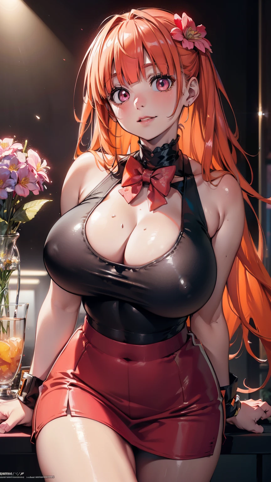 (Best quality at best,4K,8K,A high resolution,tmasterpiece:1.2),ultra - detailed,(actual,realistically:1.37),HighDynamicRange,hyper HD,Studio lighting,Ultra-fine painting,Focus sharp,physically-based renderingt,Extremely detailed description,professional,terror,this comic,sci-fy,photography of,Concept artist, (Blooming flowers:1.5), (orange color hair, Long gray hair, bluntbangs, a pink eyes), (hair pin, red bowtie, Pink dress, obi strip), (actual:1.2), (tmasterpiece:1.2), neonlight, dark romantic lighting, (Very meticulous:1.2),(Detailed faces:1.2), (slope), Colorful, 詳細な目, (Detailed landscape:1.2), (natural lightting:1.2),(detailedbackground), Detailed landscape, (own, One guy, a period:1.5), closeup cleavage, White skin of the, Colossal tits, Forged, Crazy swelling, Large shoulder blades, big chest and thin waist, Pelvis larger than shoulder blades, Fitness model, Ruddy cheeks, A smile, breath through