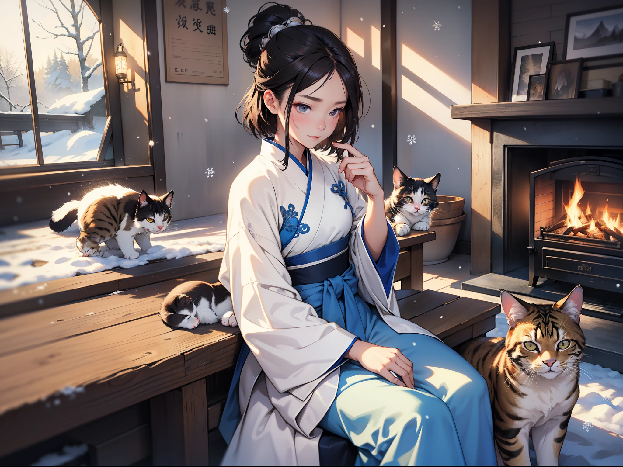 One of them  wearing a beautiful dress，Wearing a light jacket，Short hair details, flowing dark hair、，A girl in Hanfu，Cold winter，nevando，Winter view，beautiful snowy landscape，indoor table，stove warm，baby cats