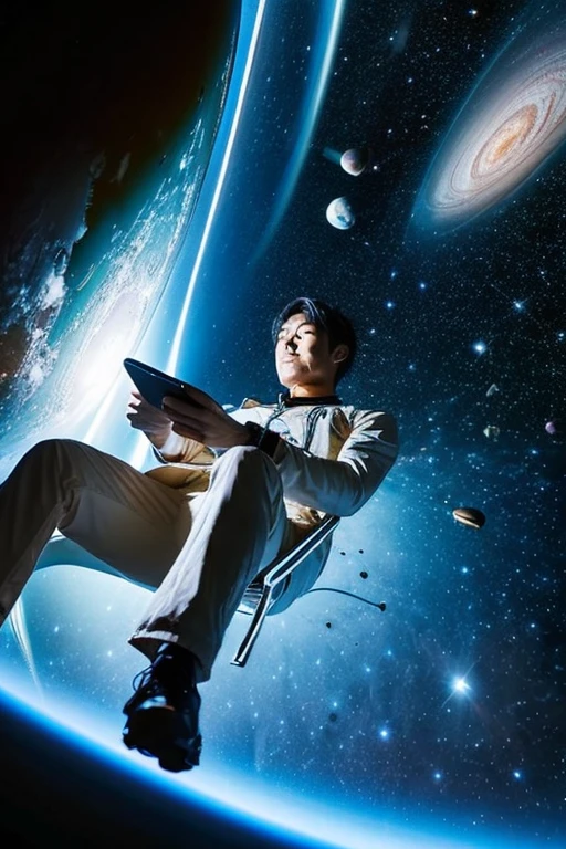 Handsome Japanese man looking at his smartphone in space,floating in space,floating full body photo