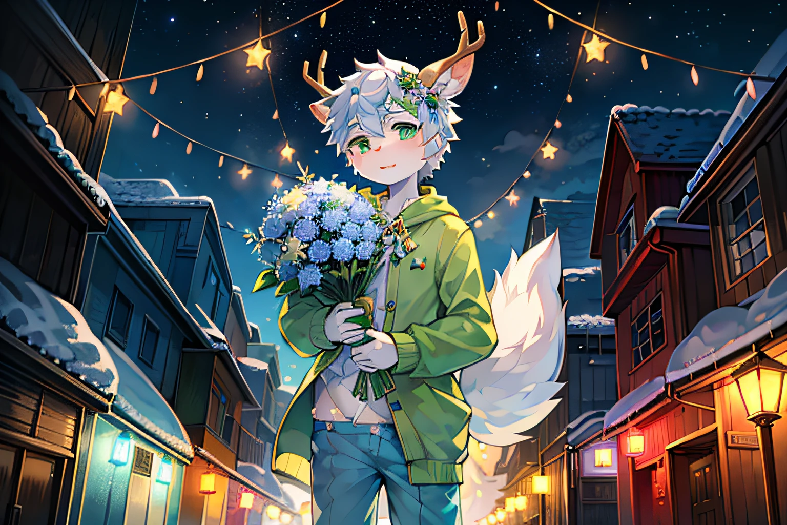 A white deer，Wearing blue pajamas，light green decoration，Green-eyed，deer antlers，wear a flower on your head，Holding a big bouquet of blue flowers，natta，falling flower petals，Peach blossom tree，Oyuki，blanketed in a mantle of snow，shota，lovely boy，white color hair，natta，starrysky，stars shining bright，which stands on the street，Shining starry sky，the street lights，lanterns，enviroment，Cyan trousers，Crystal pupils，Christmas tree，lamplight，looking at viewert，touched，holding bouquet of flowers，Warm starlight，illuminate warmly，