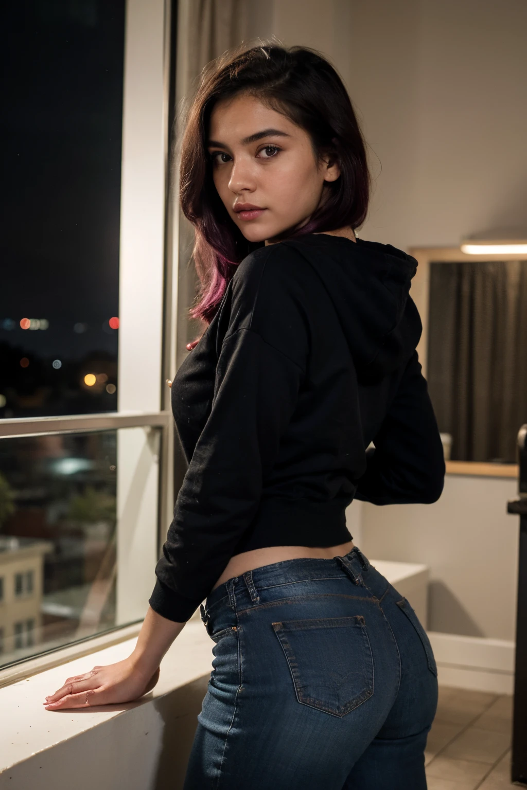 ((best quality)), ((masterpiece)), (detailed)
, perfect face, fujifilm, dim light, 18 years old, in home, cute face, round tits , medium boobs, round ass, clean ass, full pants, jeans, hoodie, indian girl, dark skin, black and magenta hair, black eyes, beautiful, instagram model pose, night view, black background,