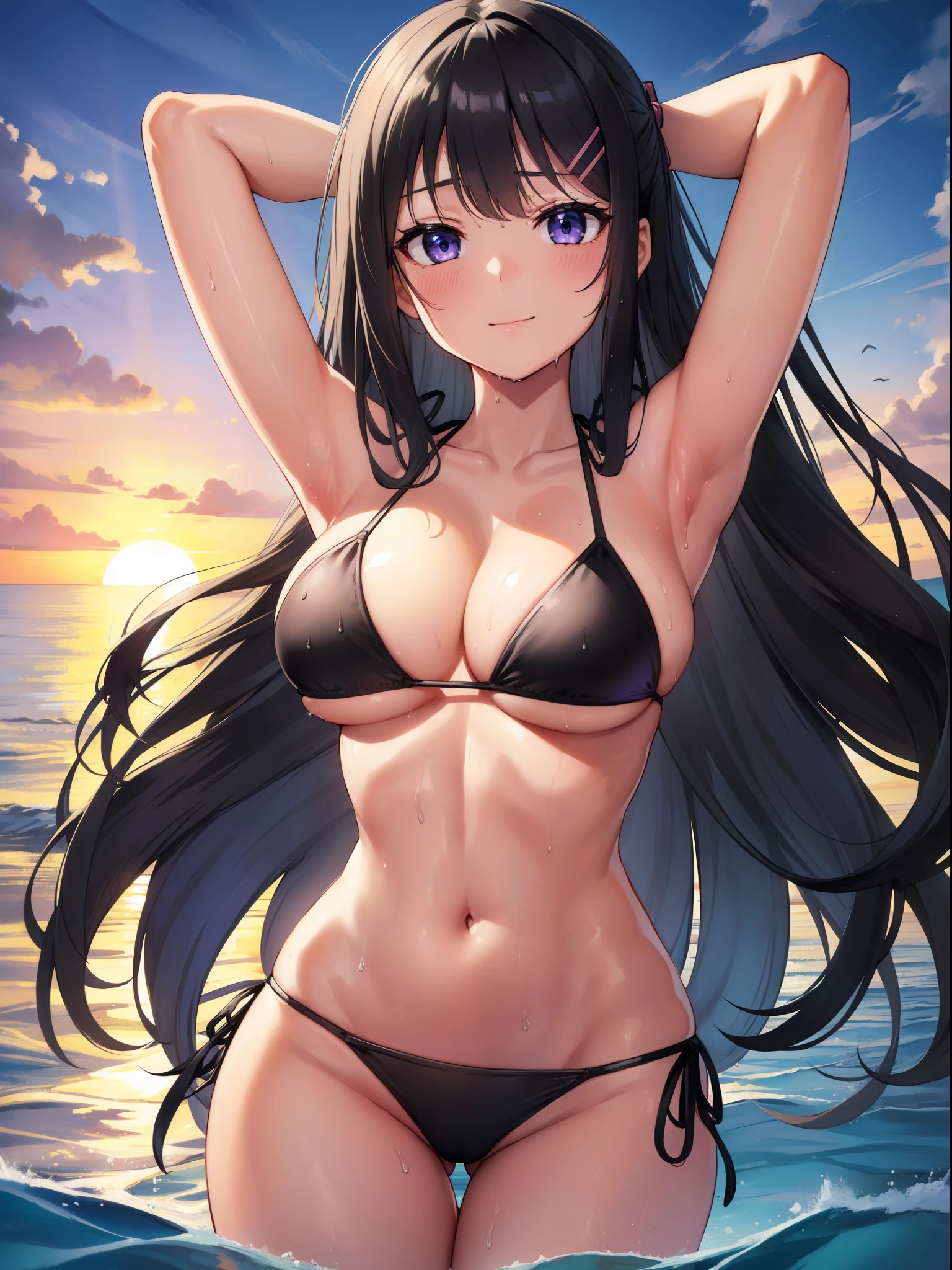 1girl, sakurajima mai, long hair, bangs, (black hair:1.5), hair ornament, (purple eyes:1.1), (hairclip), (blush:1.1), seductive smile,
BREAK (string bikini:1.5), (black bikini:1.3), patternless bikini, medium breasts, Naked, Exposed skin, (Wet skin:1.5), (arms behind head, armpits), standing,
BREAK (sea:1.2), (beach:1.1), (sunset:1.2), 
BREAK looking at viewer, (from front:1.2),
BREAK (masterpiece:1.2), best quality, high resolution, unity 8k wallpaper, (illustration:0.8), (beautiful detailed eyes:1.6), extremely detailed face, perfect lighting, extremely detailed CG, (perfect hands, perfect anatomy),