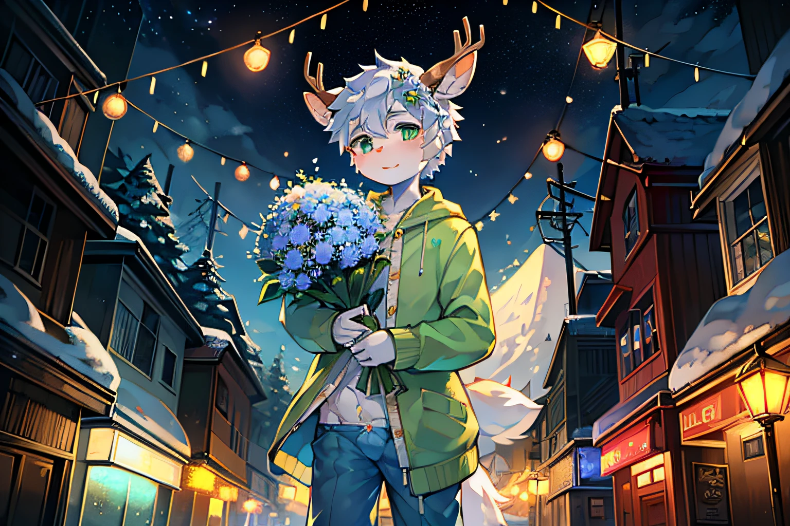 A white deer,Wearing blue pajamas,light green decoration,Green-eyed,deer antlers,wear a flower on your head,Holding a big bouquet of blue flowers,natta,falling flower petals,Peach blossom tree,Oyuki,blanketed in a mantle of snow,shota,lovely boy,white color hair,natta,starrysky,stars shining bright,standing on the street,Shining starry sky,the street lights,lanterns,Crystal pupils,Christmas tree,lamplight,looking at viewert,touched,holding flower bouquet,Warm starlight,illuminate warmly,