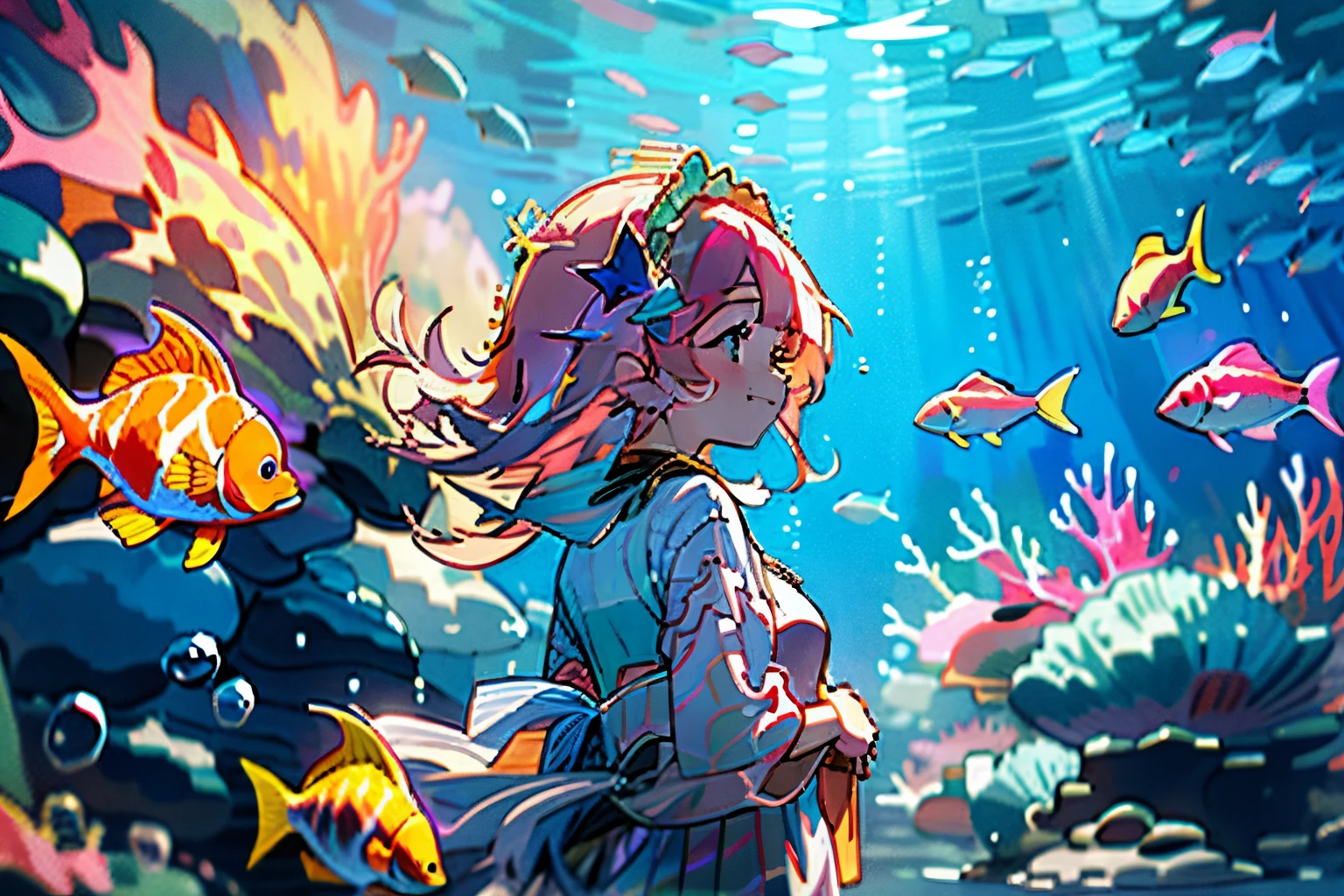 mermaid girl facing forward、long hair of golden color、Colorful fish, many coral reefs、独奏, blue eyess,  profile 、Smiling、bubbling, Seashell hair ornament, Seashell bra、under the water