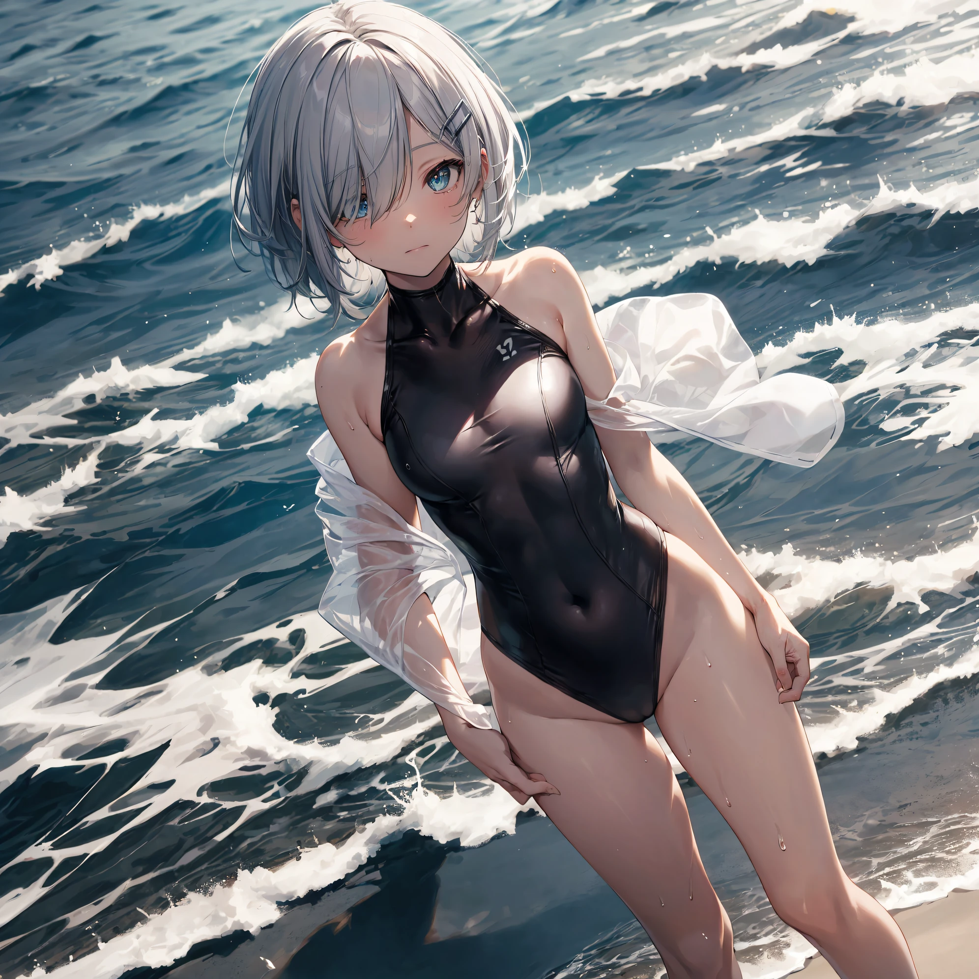 of the highest quality, anime moe art style,Best Anime 8K Konachan Wallpapers,Pixiv Contest Winner,Perfect Anatomy, BREAK,(Draw a picture of a girl in a swimsuit walking on the beach.),BREAK, 1girl is a beautiful girl with poor luck.,(Solo,Lori,,14yea:1.3),a junior imbs, complete fingers,  short silver hair, Forehead, (Hair over one eye:1.4),Small breasts, Small butt, Beautiful detailed eyes, well-proportioned student,groin, Wet, Shiny skin, Cowboy Shot, hair clips, Swimsuit, in beach.BREAK,Ultra-detailed,High resolution,super detailed skin, 
AI best writing, Illustration,