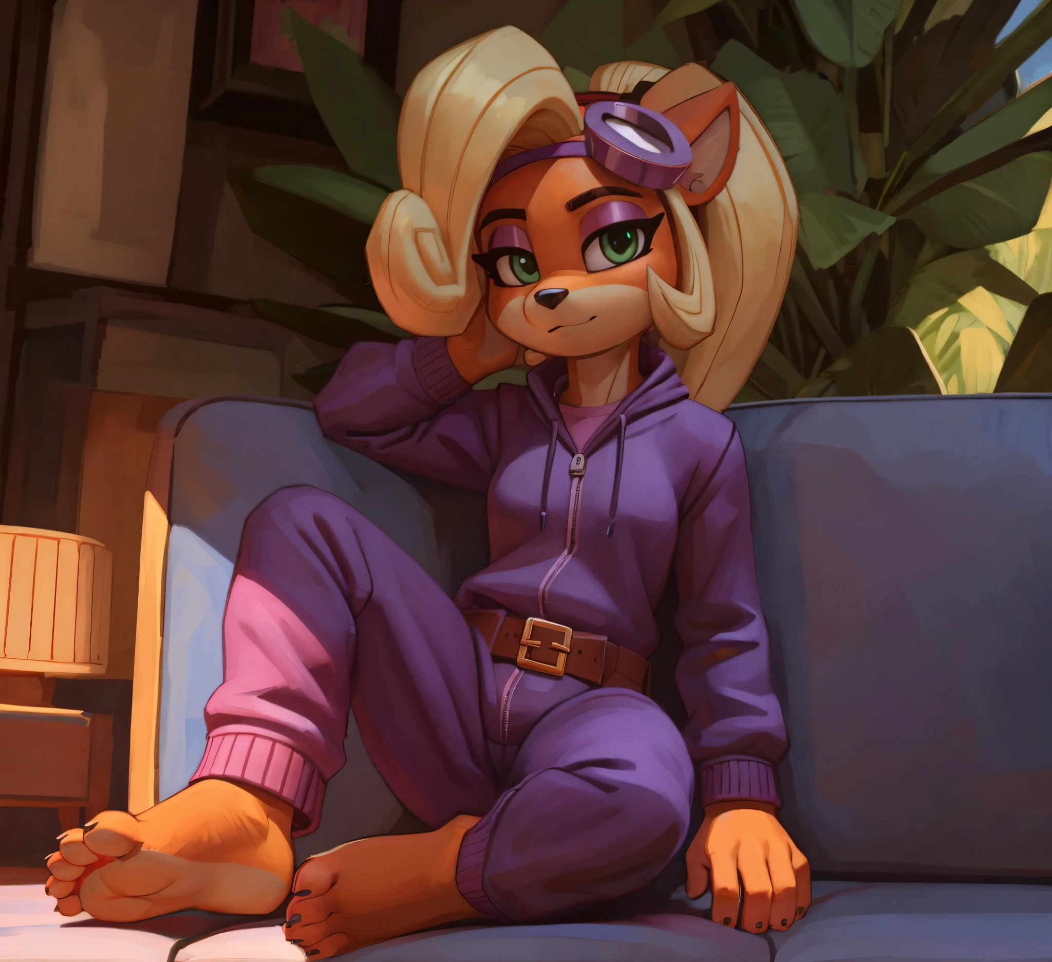 [Coco bandicoot], [Uploaded to e621.net; (Pixelsketcher), (wamudraws)}, ((masterpiece)), ((HD)), ((solo portrait)), ((full body)), ((front view)), ((furry; anthro)), ((detailed fur)), ((detailed shading)), ((beautiful render art)), ((feet visible)), ((intricate details)), {anthro; orange fur, black nose, (cute green eyes), (half-closed eyes), (short eyelashes), (pink eyeshadow), blonde curly hair, curly ponytail, (gorgeous hips), (beautiful feet), (expressionless)}, {(purple tracksuit), (pink belt), (star-shaped buckle), (purple cat ear hairband), (pink shades on head)}, {(on couch), (slouching), (lazy), (looking at viewer)}, [background; (tropical forest), (living room), (window), (blue sky), (sun rays), (ambient lighting)]