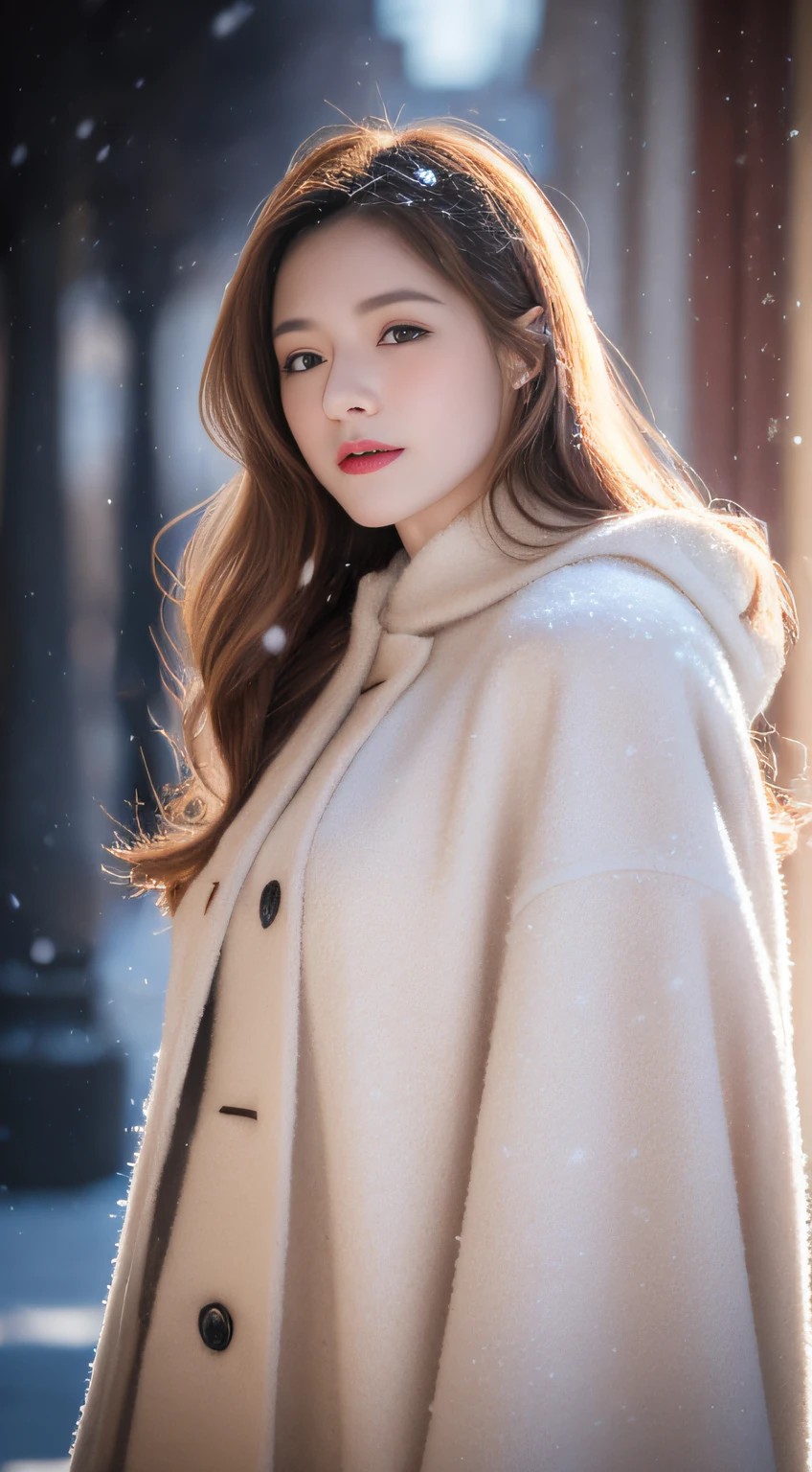 ((best qualtiy, 8K, tmasterpiece:1.3)), Focusing:1.2, A beautiful woman with a perfect body:1.4, cocked ass:1.2, ((Long Whitr hair)), (Wool Cloak:1.1) , (dropping eyes, Street,stop,corps,Snow Cover:1.3),Lace Aristocrat Red ta Costume:1.1, Highly detailed facial and skin texture, 詳細な目, Double eyelidd,Whiten skin,ssmile,tits huge,Cinematic lighting,detailed details,Real hair and skin,
