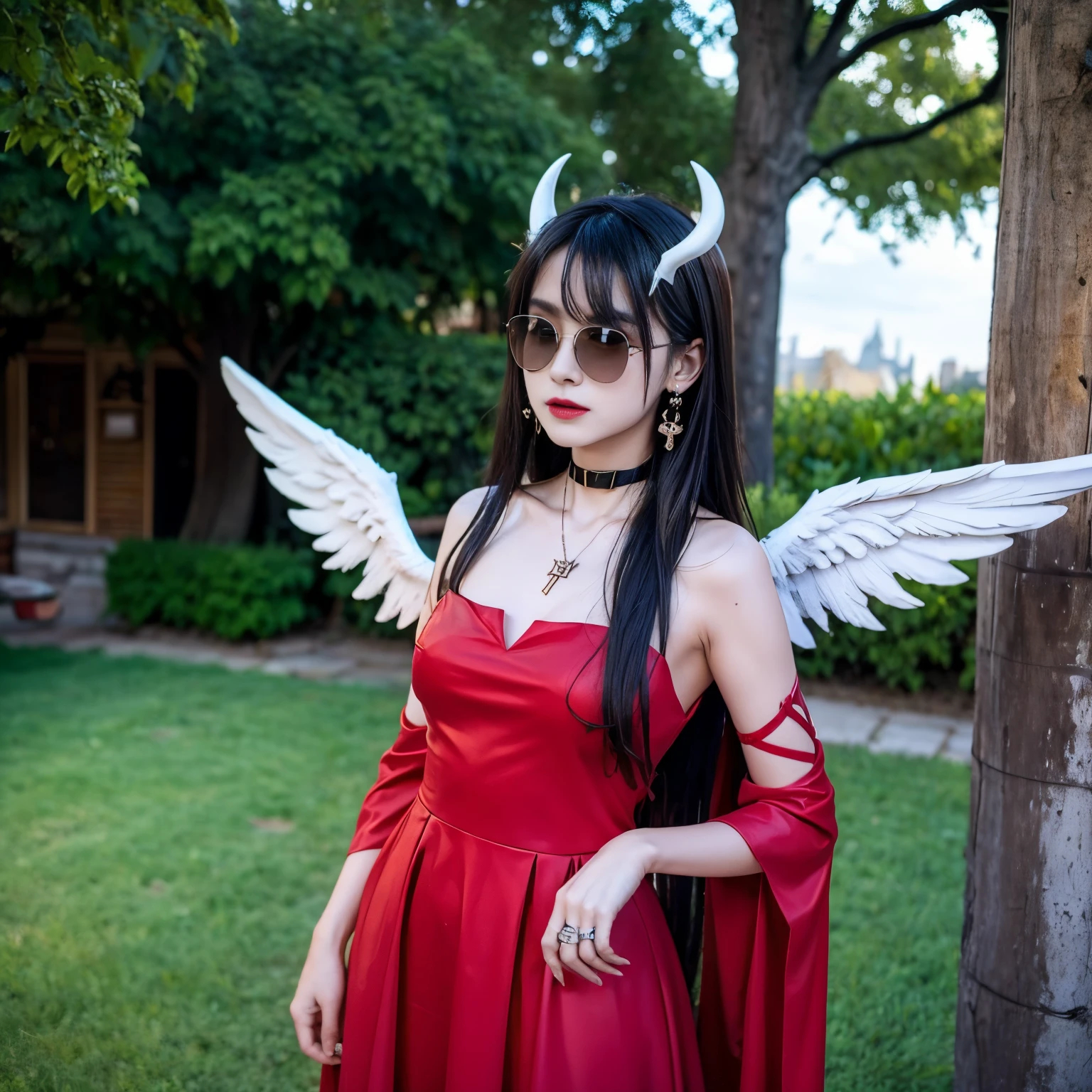 sunglasses, 1 girl with jesus, red dress, wings, black wings, angel, halo, demon horns, standing on the garden, choker, midget, super villain, stand, look at the viewer, cross necklace, earrings, jewellery, jesus, jesus christ, cross tatto, sunglasses